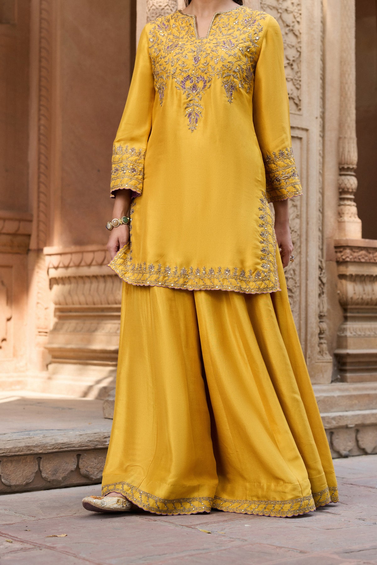 GHAZAL PURE SILK HANDCRAFTED YELLOW KURTA SET WITH SHARARA