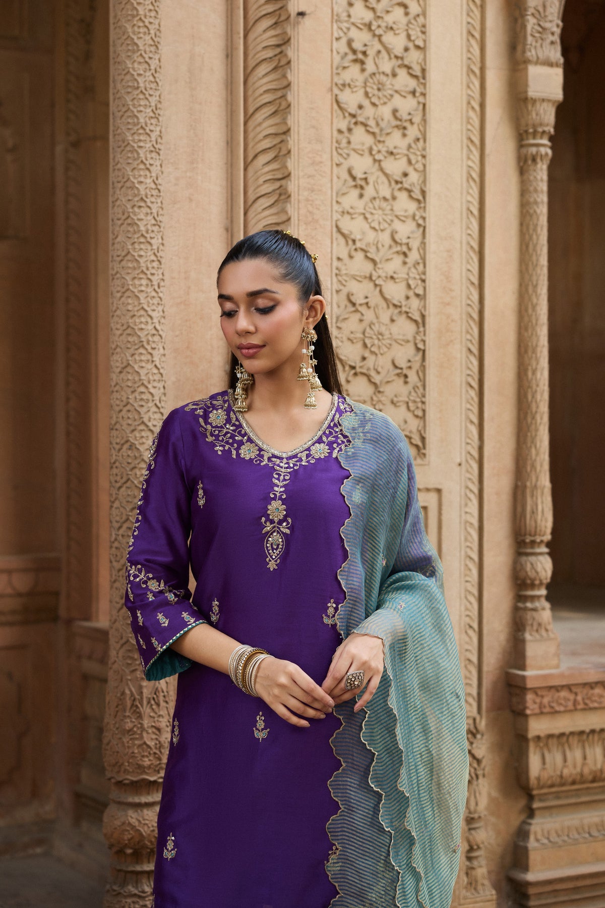 ASMI SILK CHANDERI HANDCRAFTED PURPLE STRAIGHT KURTA SET