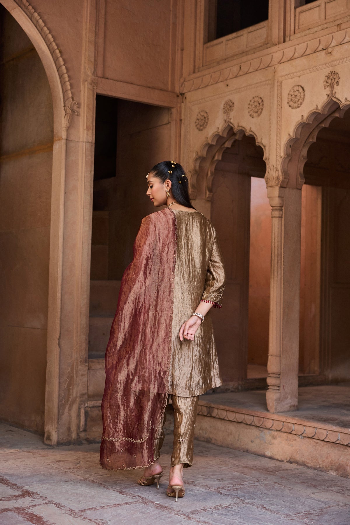 KHWAAB SILK TISSUE HANDCRAFTED GOLD A-LINE KURTA SET