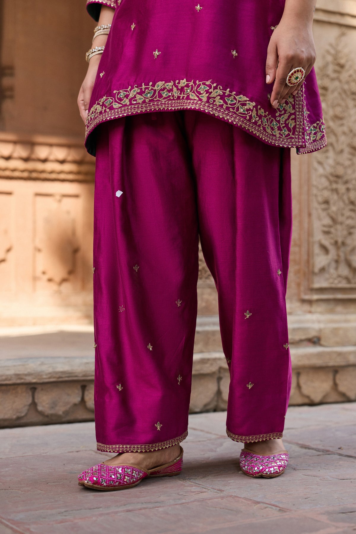 REET SILK CHANDERI HANDCRAFTED MAGENTA KURTA SET WITH FARSHI SALWAR