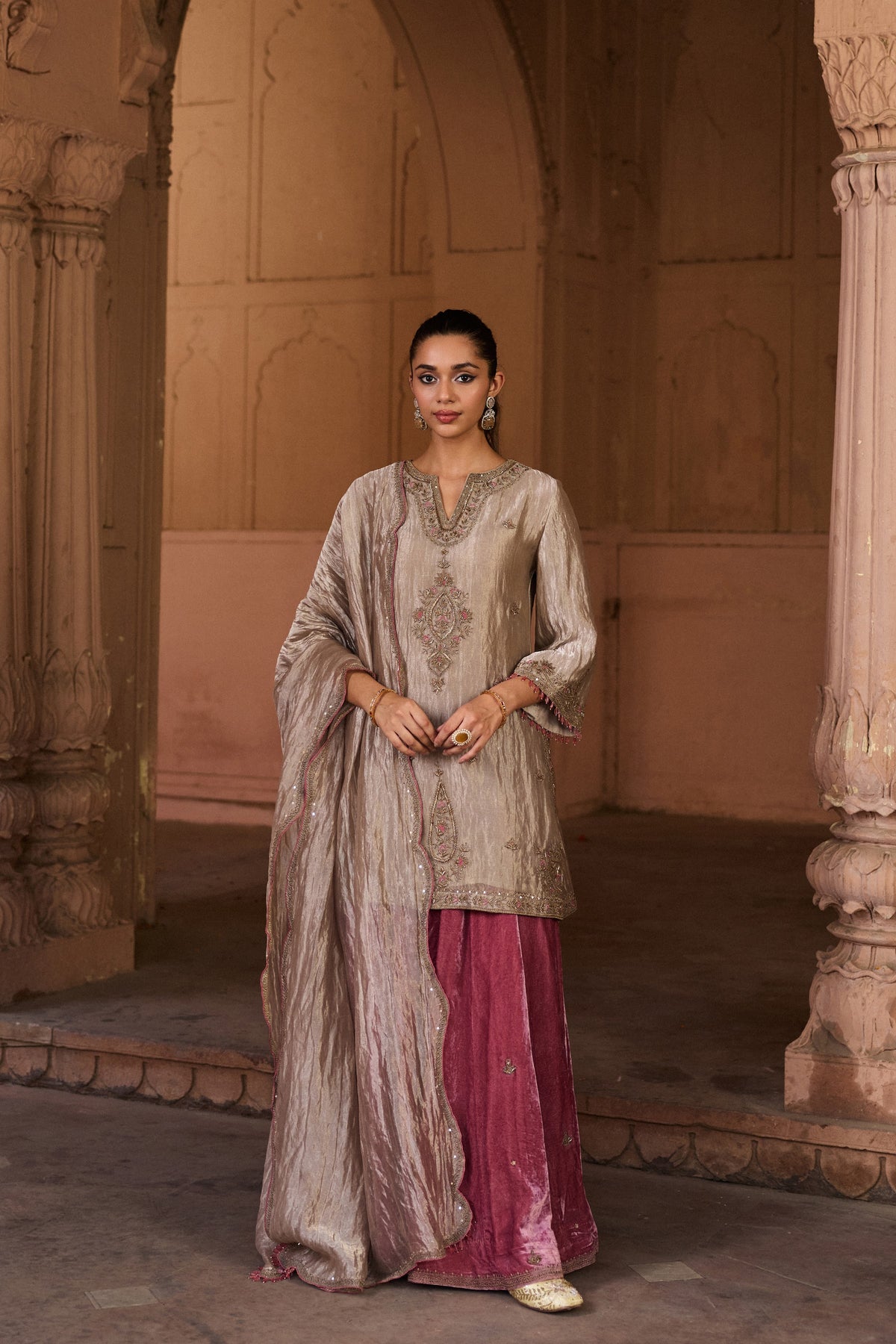 SHABANA SILK TISSUE HANDCRAFTED SILVER KURTA SET WITH SHARARA