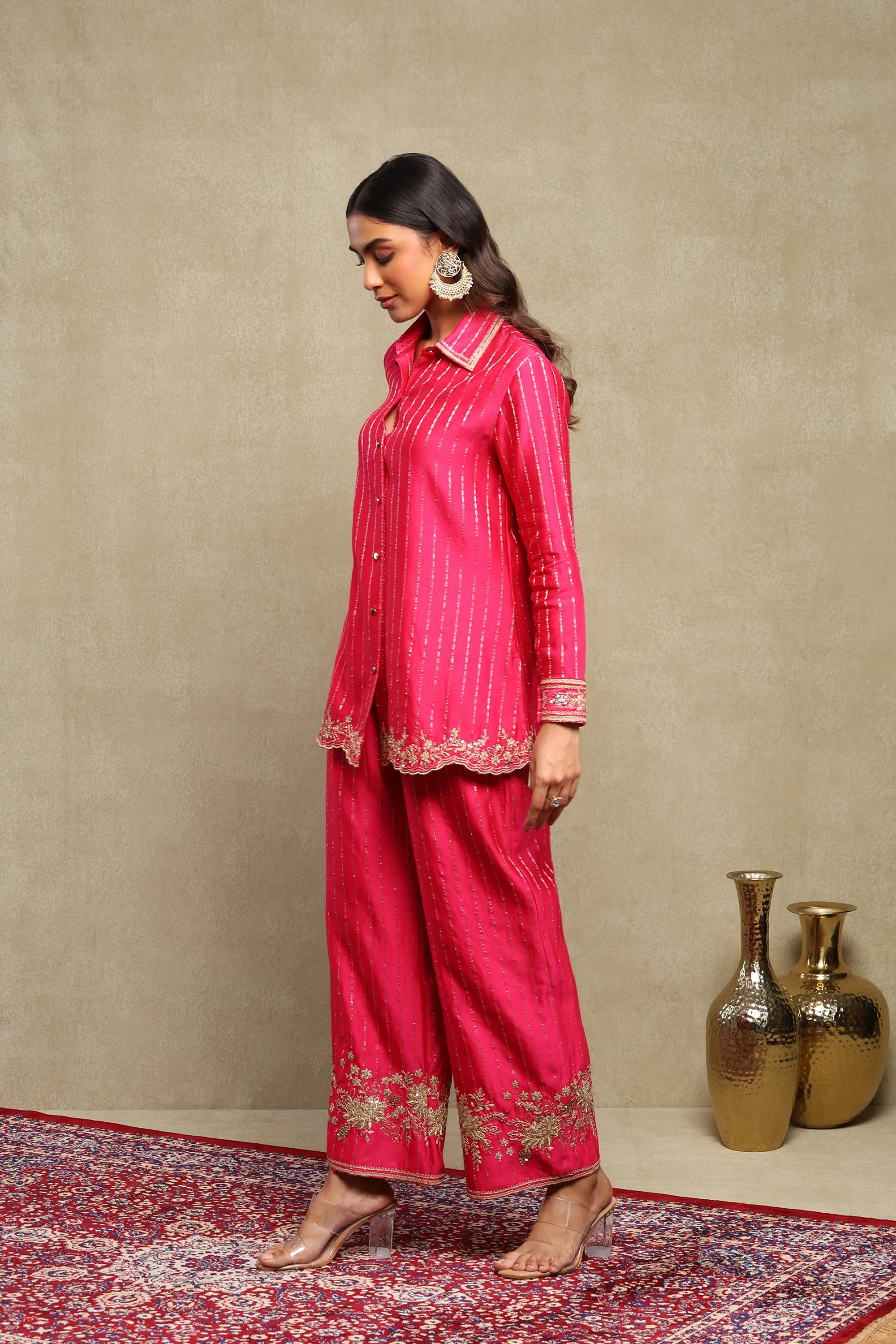 Aarvi Hot Pink Hand Embroidered Banarasi Zari Co-Ord Set