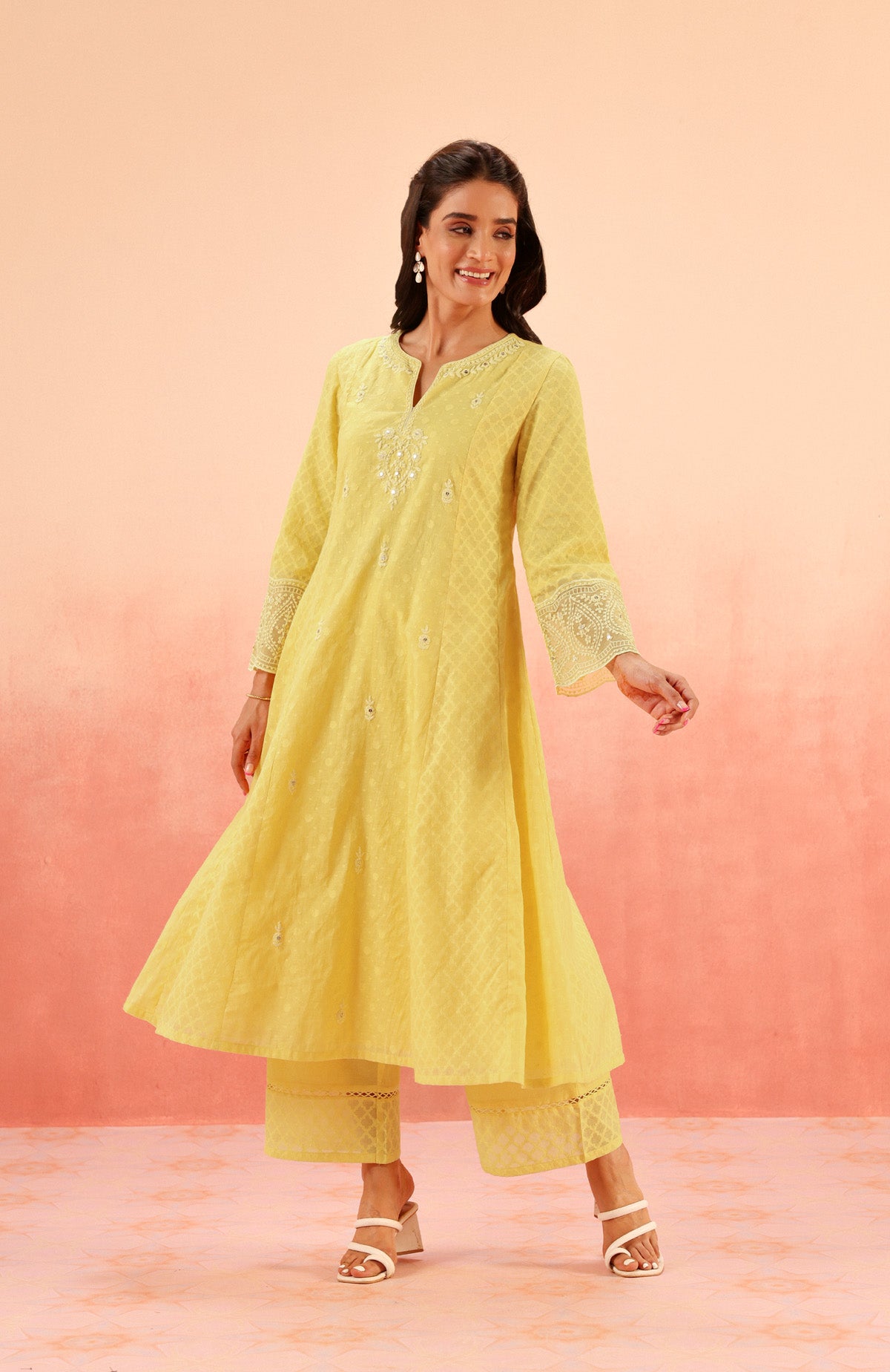 GULNAAR YELLOW JACQUARD EMBROIDERED HANDCRAFTED KURTA SET