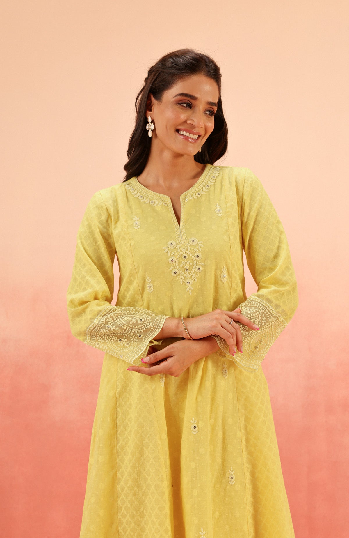 GULNAAR YELLOW JACQUARD EMBROIDERED HANDCRAFTED KURTA SET