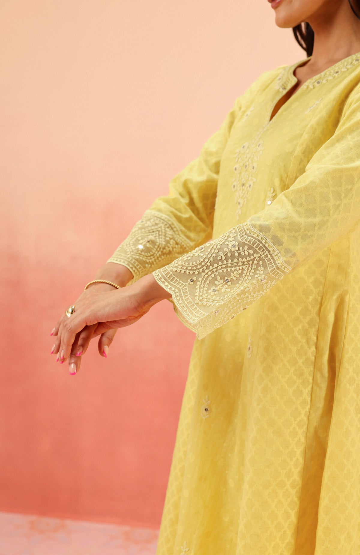 GULNAAR YELLOW JACQUARD EMBROIDERED HANDCRAFTED KURTA SET