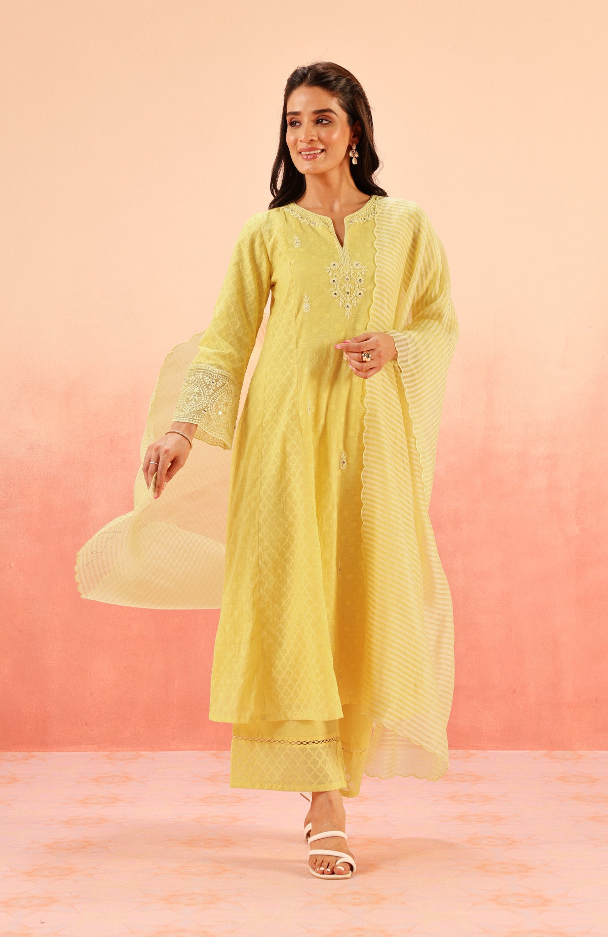 GULNAAR YELLOW JACQUARD EMBROIDERED HANDCRAFTED KURTA SET