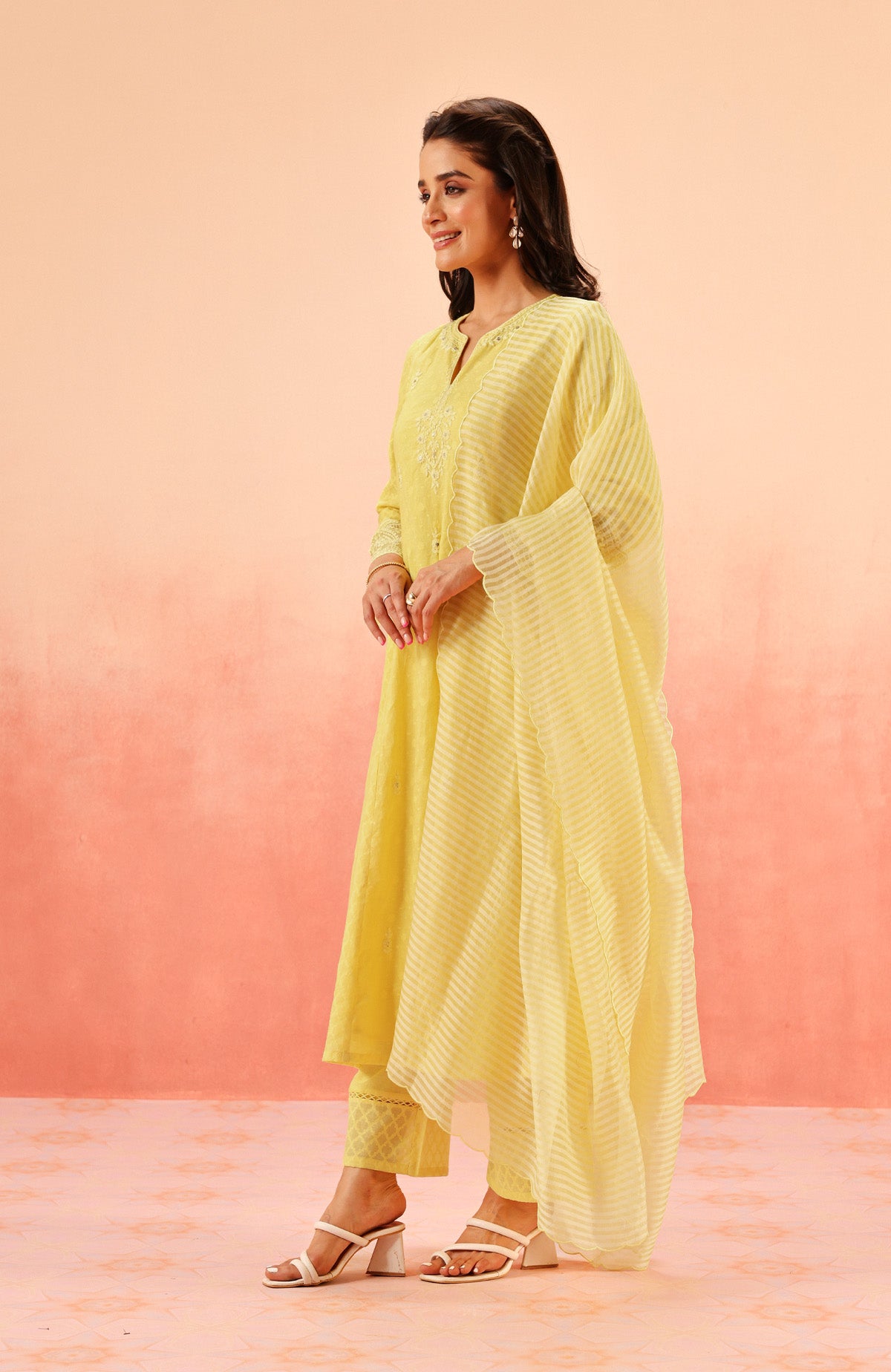 GULNAAR YELLOW JACQUARD EMBROIDERED HANDCRAFTED KURTA SET