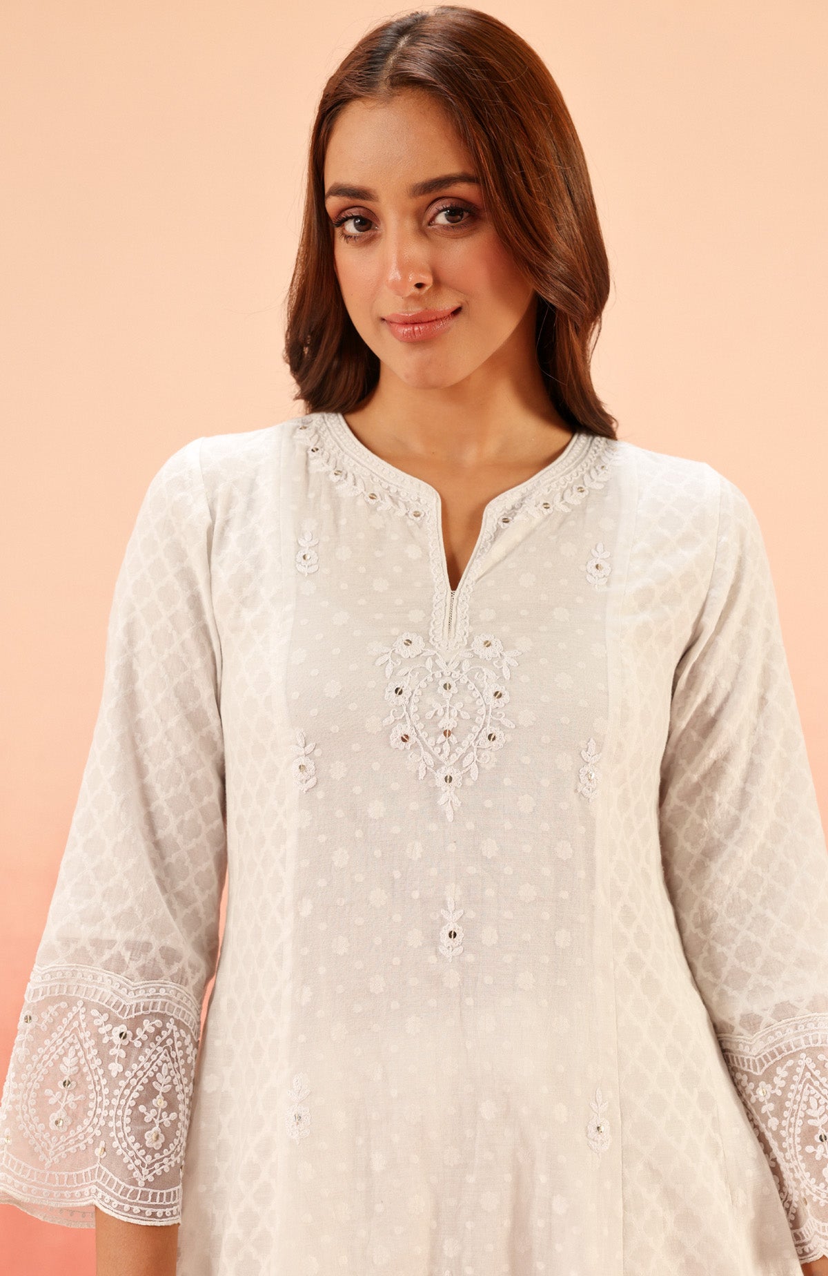 GULNAAR WHITE JACQUARD EMBROIDERED HANDCRAFTED KURTA SET (READY TO SHIP)