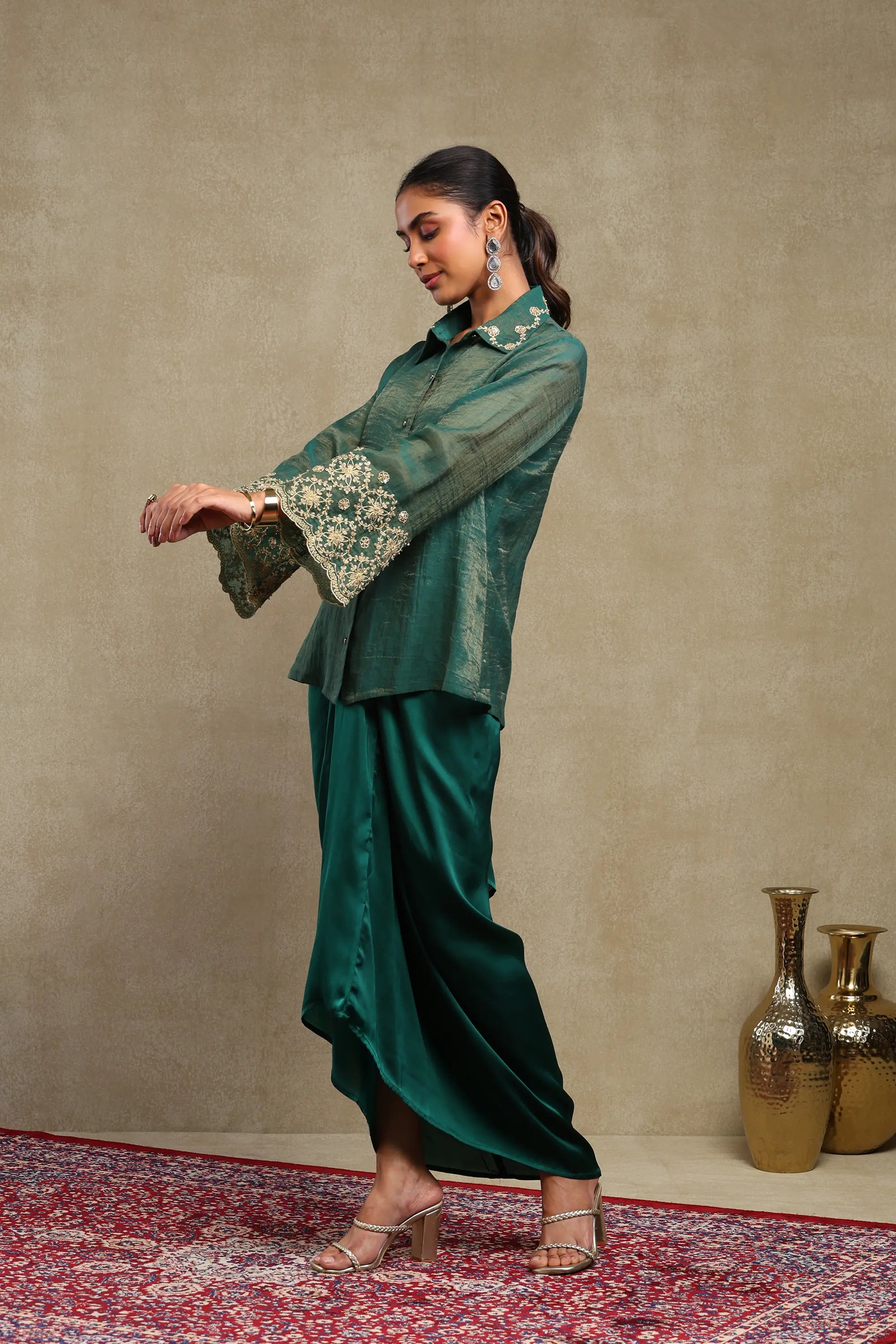 Elina Emerald Green Hand Embroidered Tissue Chanderi and Satin Skirt Set