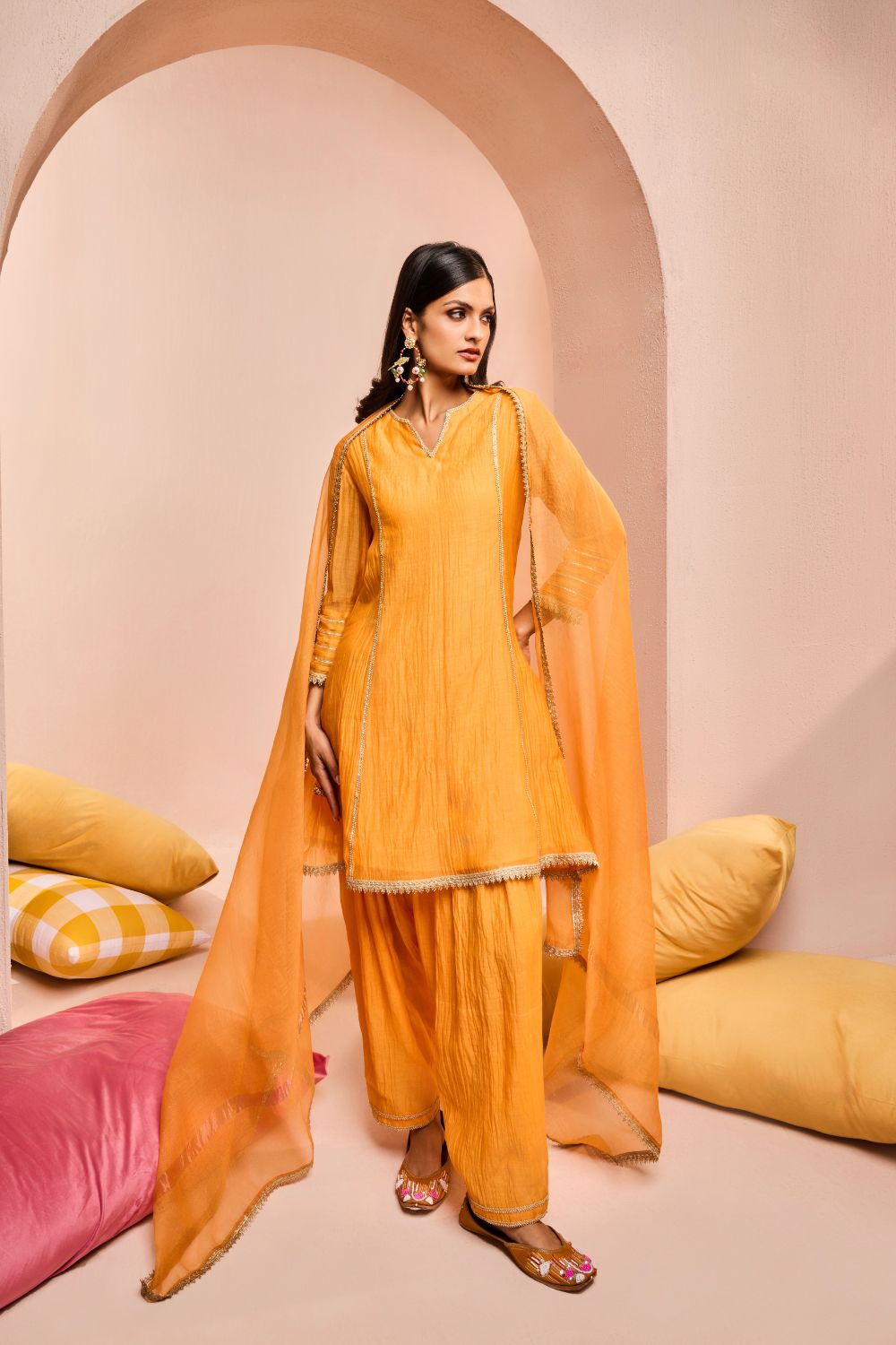 RUMI ORANGE COTTON SILK CHANDERI KURTA SET (READY TO SHIP)