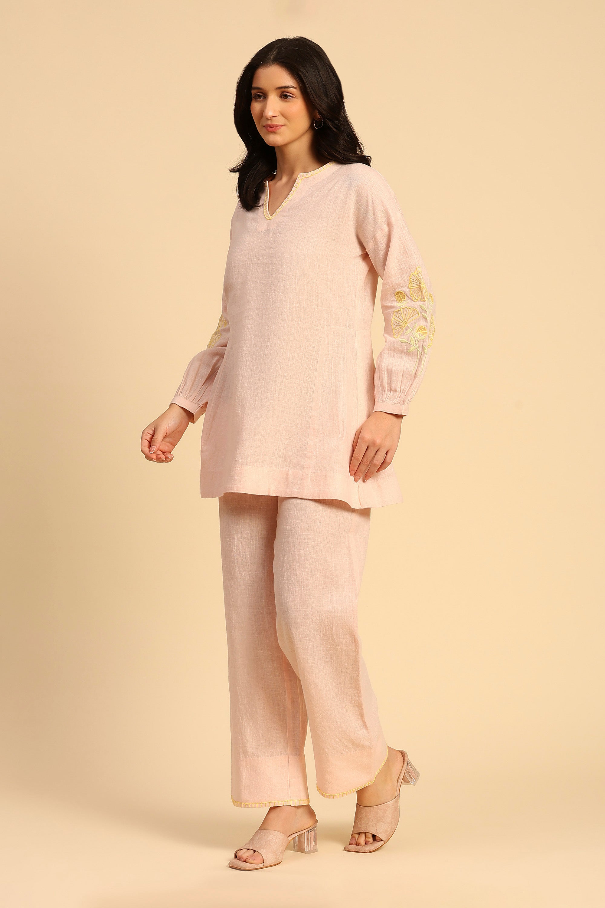 Alaya Soft Pink Embroidered Handcrafted Cotton Linen Co-ord Set