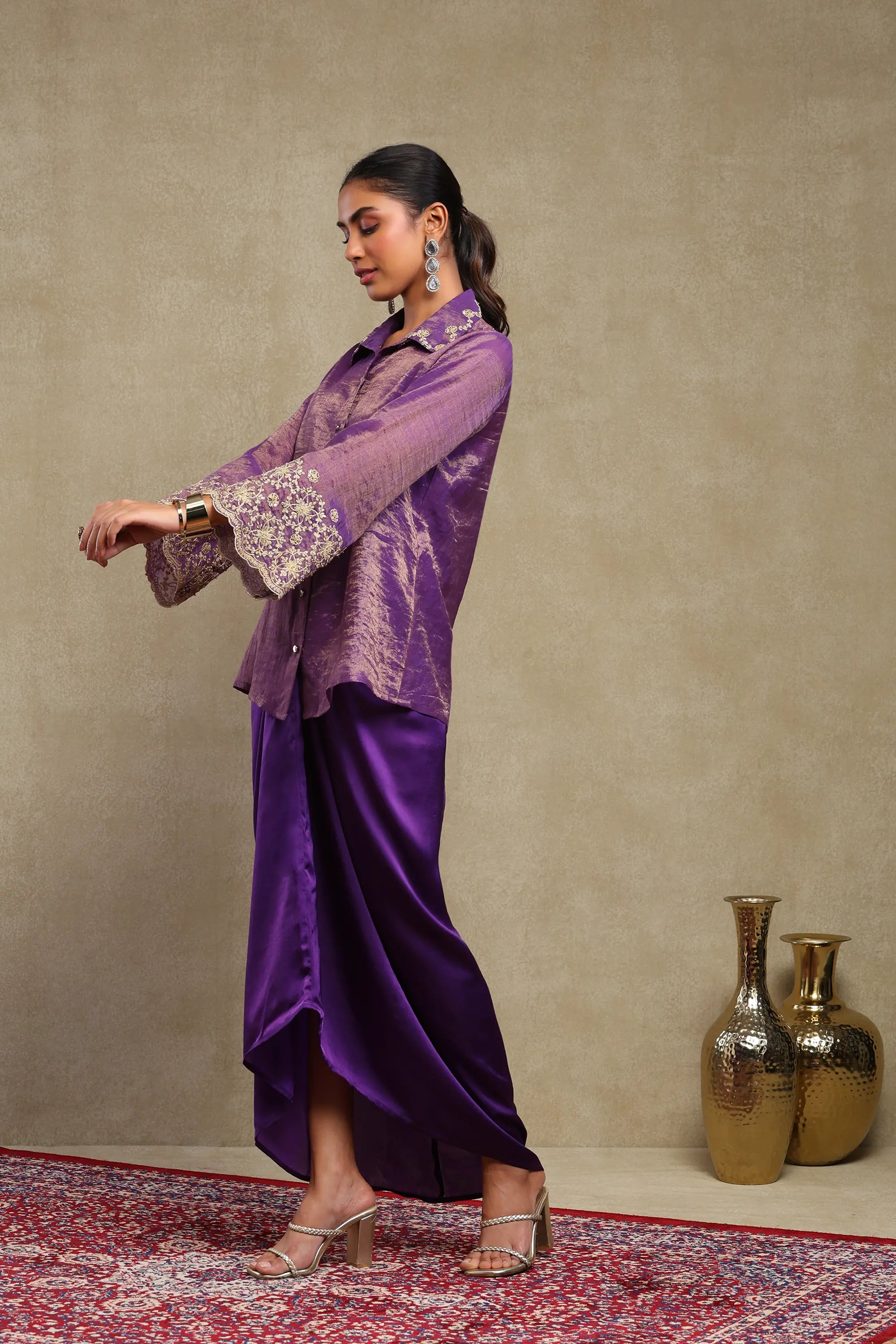 Elina Deep Purple Hand Embroidered Tissue Chanderi and Satin Skirt Set