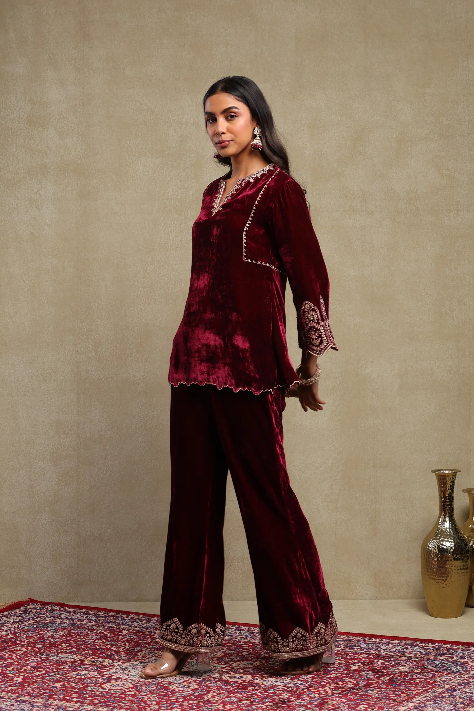 Rida Plum Hand Embroidered Silk Velvet Co-Ord Set