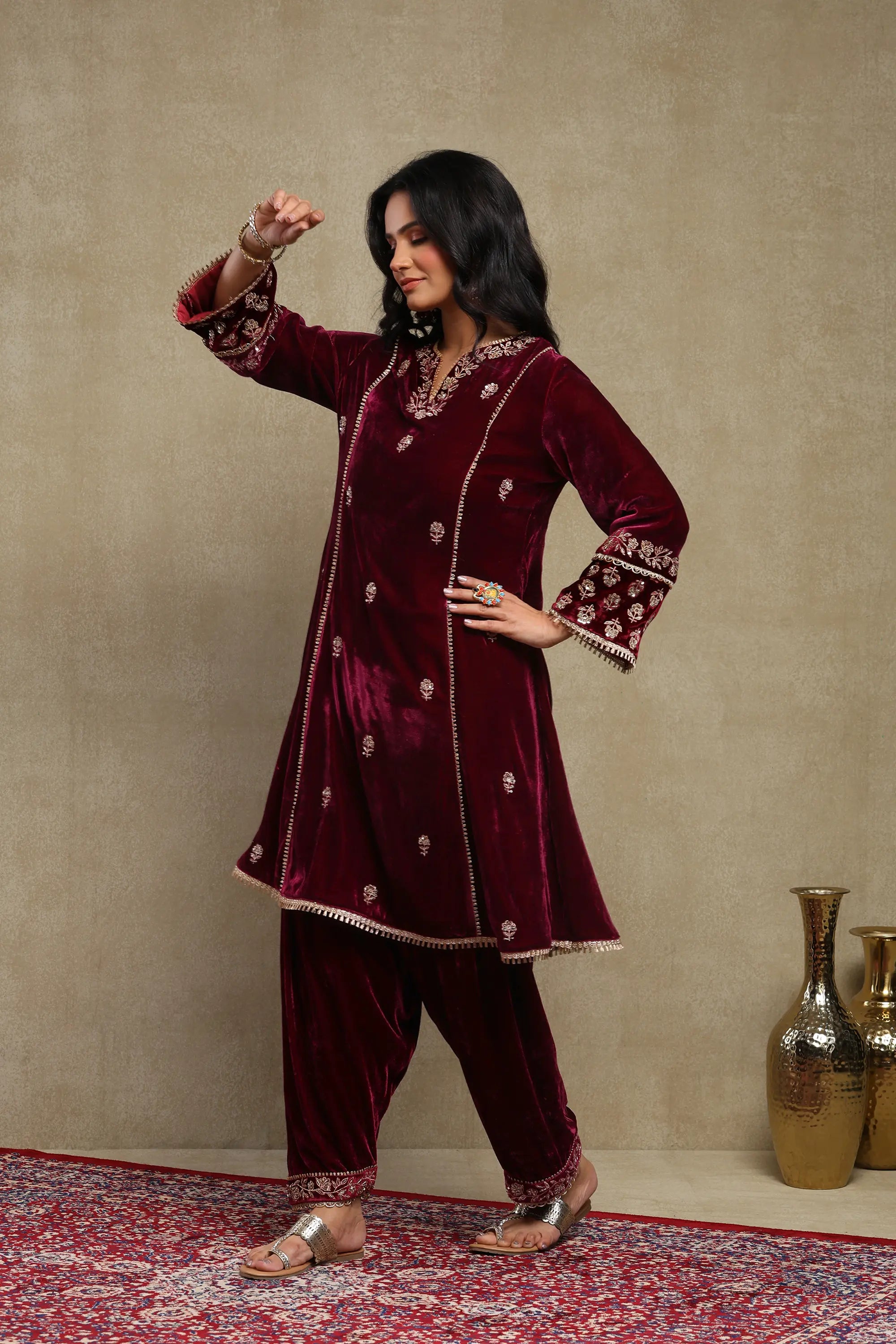 Raabta Plum Embroidered Silk Velvet Kurta Set