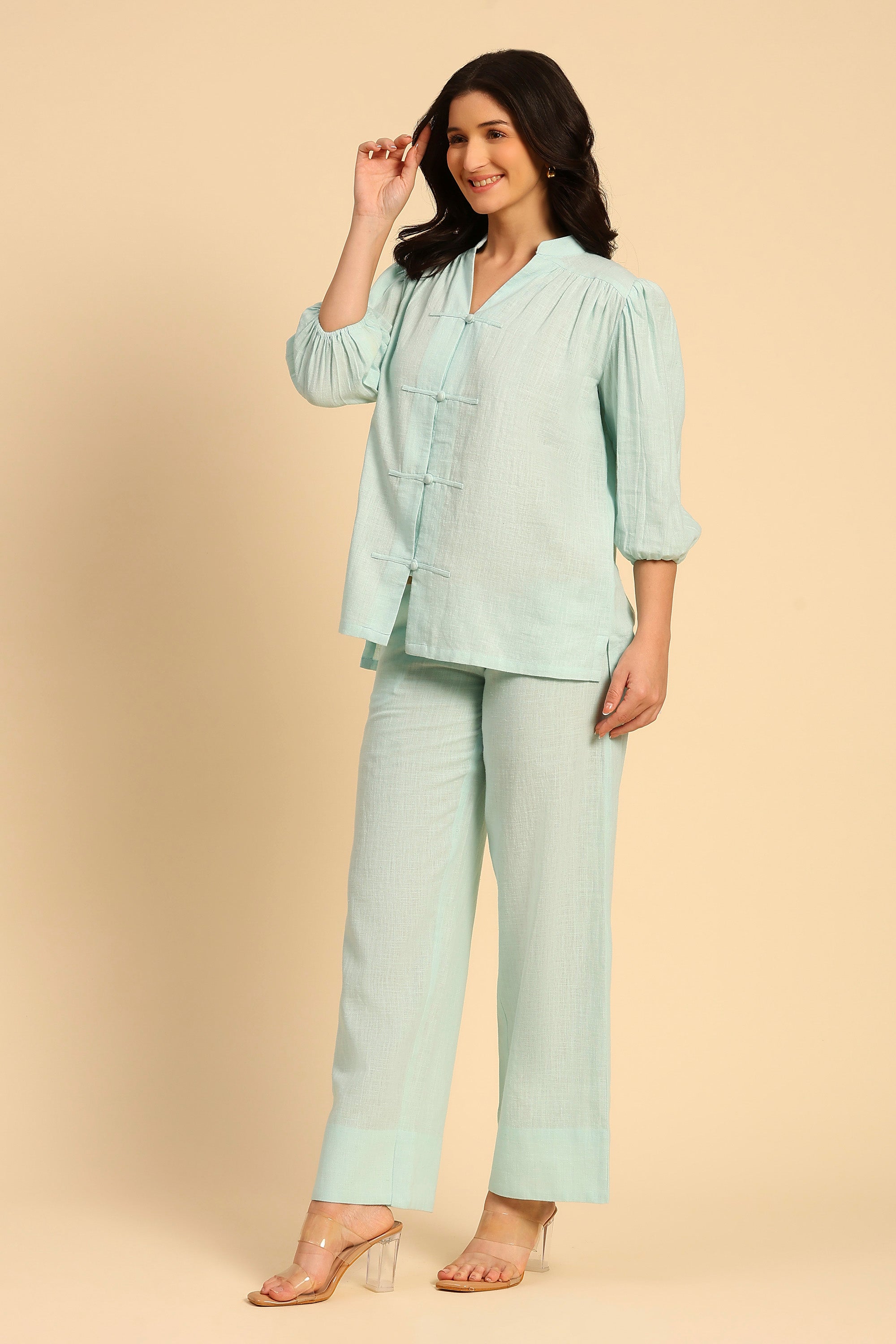Daphne Blue Embroidered Cotton Linen Handcrafted Co-ord Set