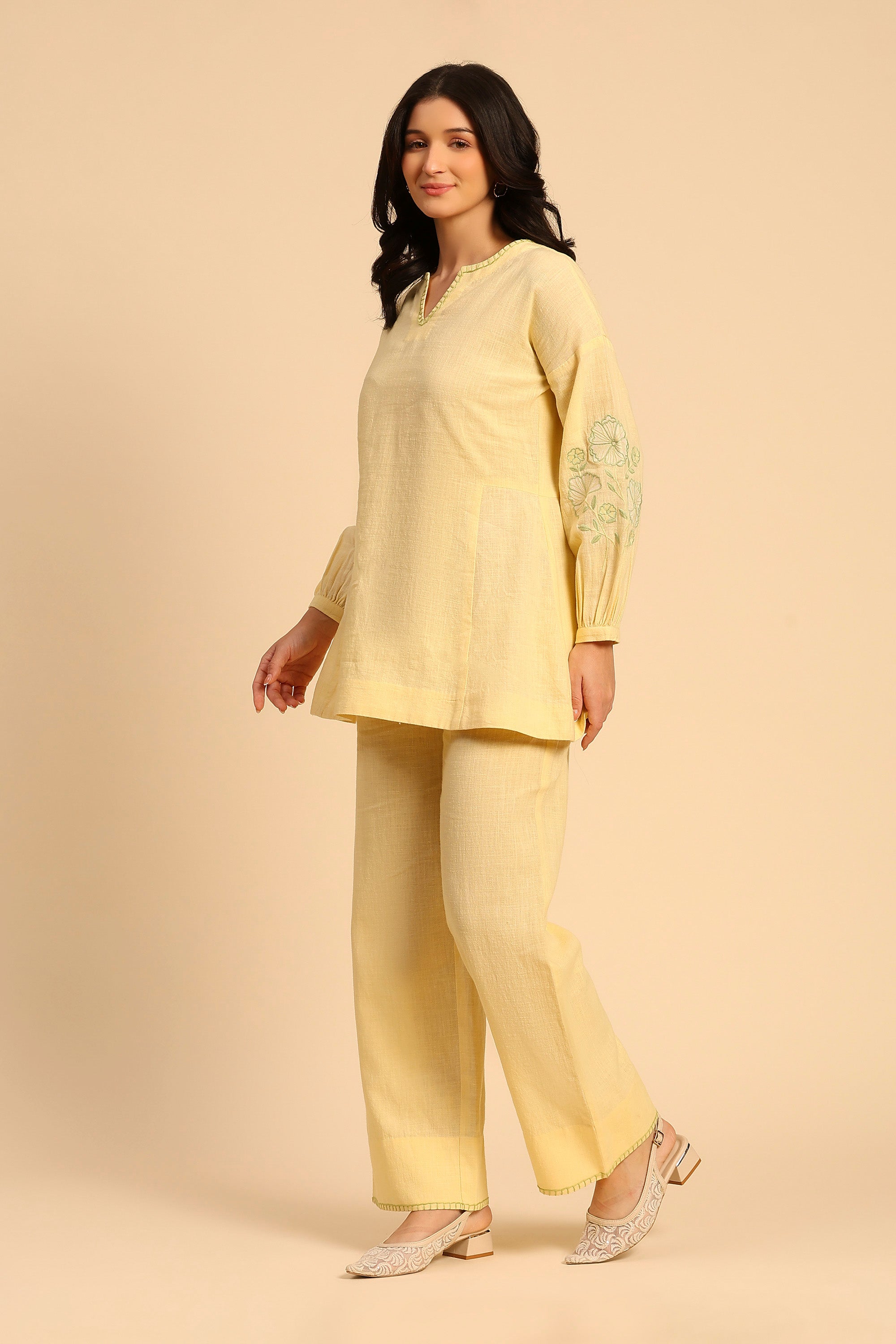 Alaya Yellow Embroidered Handcrafted Cotton Linen Co-ord Set
