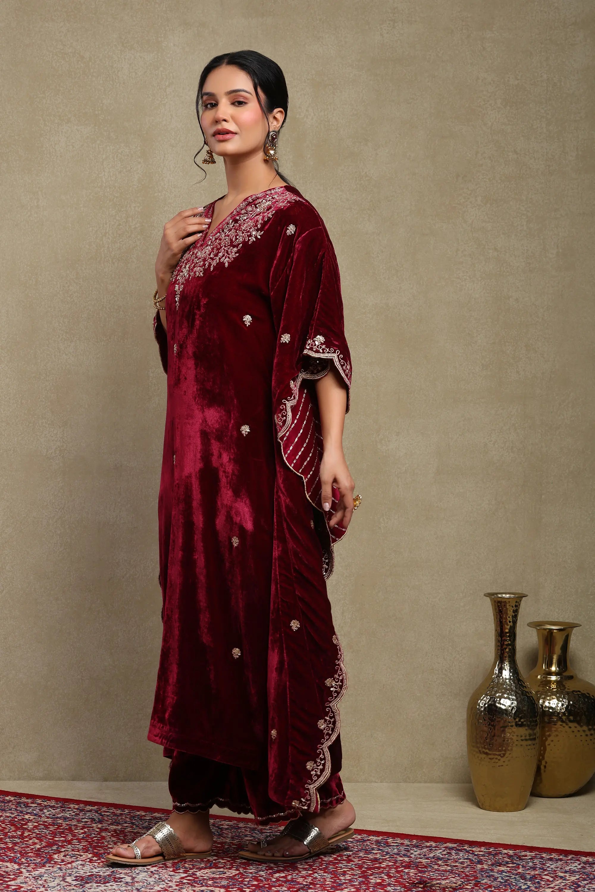Zainab Plum Embroidered Silk Velvet Kaftan Set (READY TO SHIP)