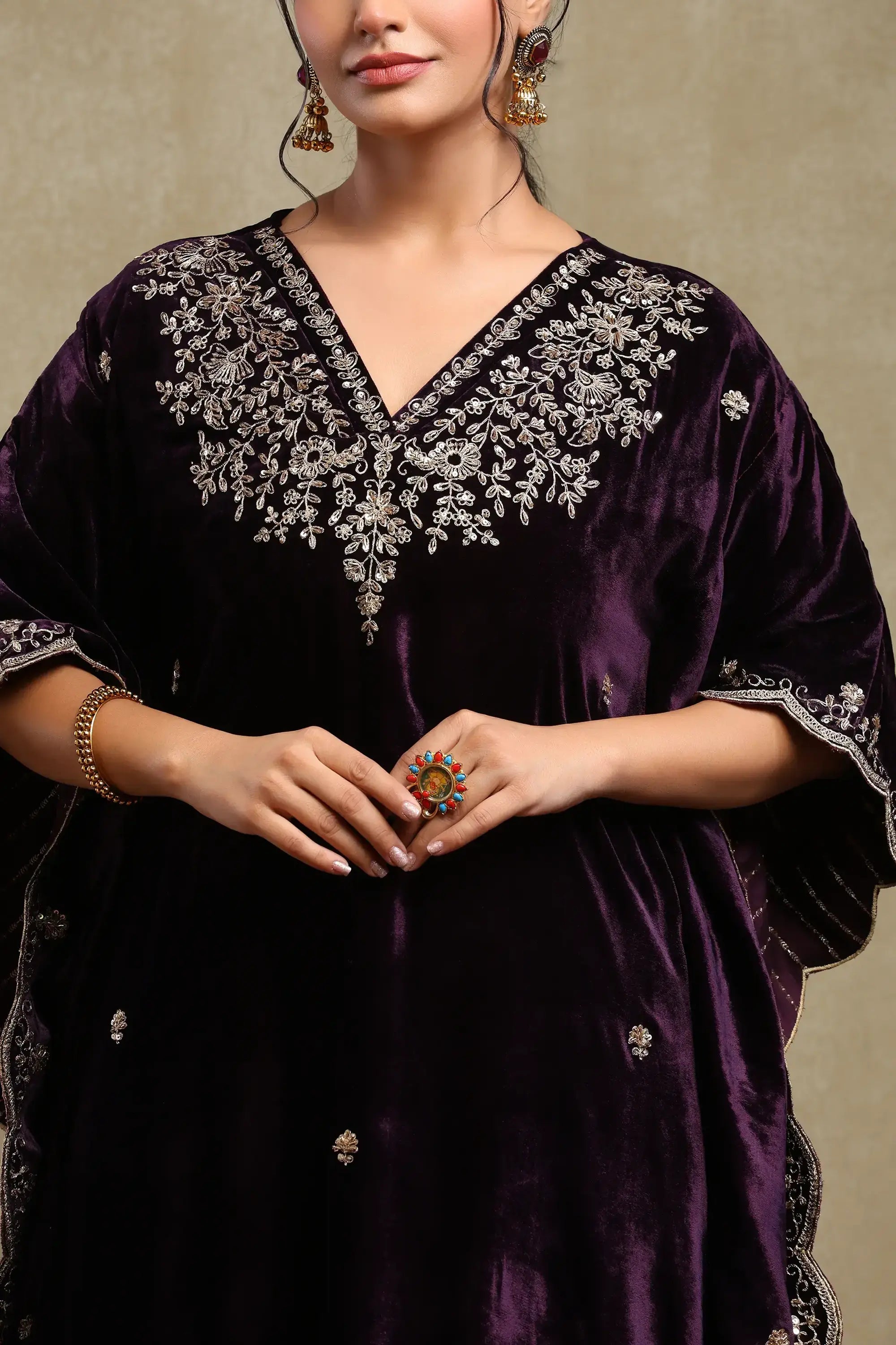 Zainab Purple Embroidered Silk Velvet Kaftan Set