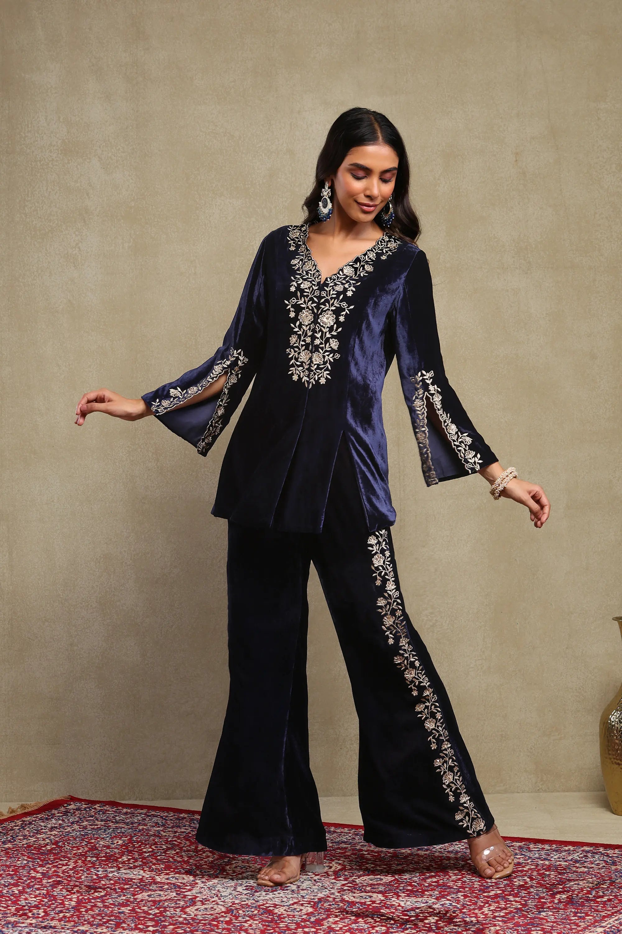Maisha Navy Blue Hand Embroidered Silk Velvet Co-Ord Set