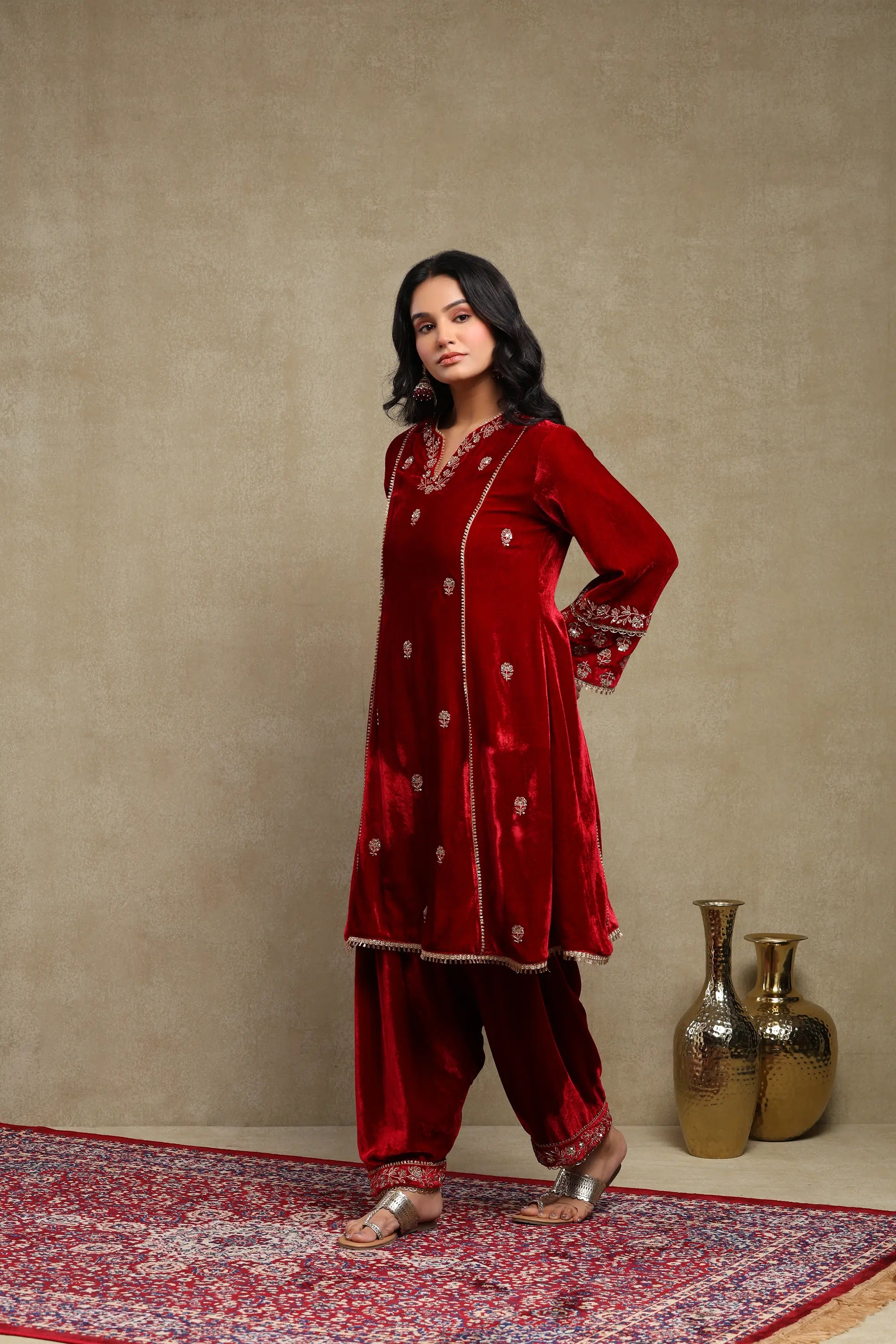Raabta Cherry Red Embroidered Silk Velvet Kurta Set