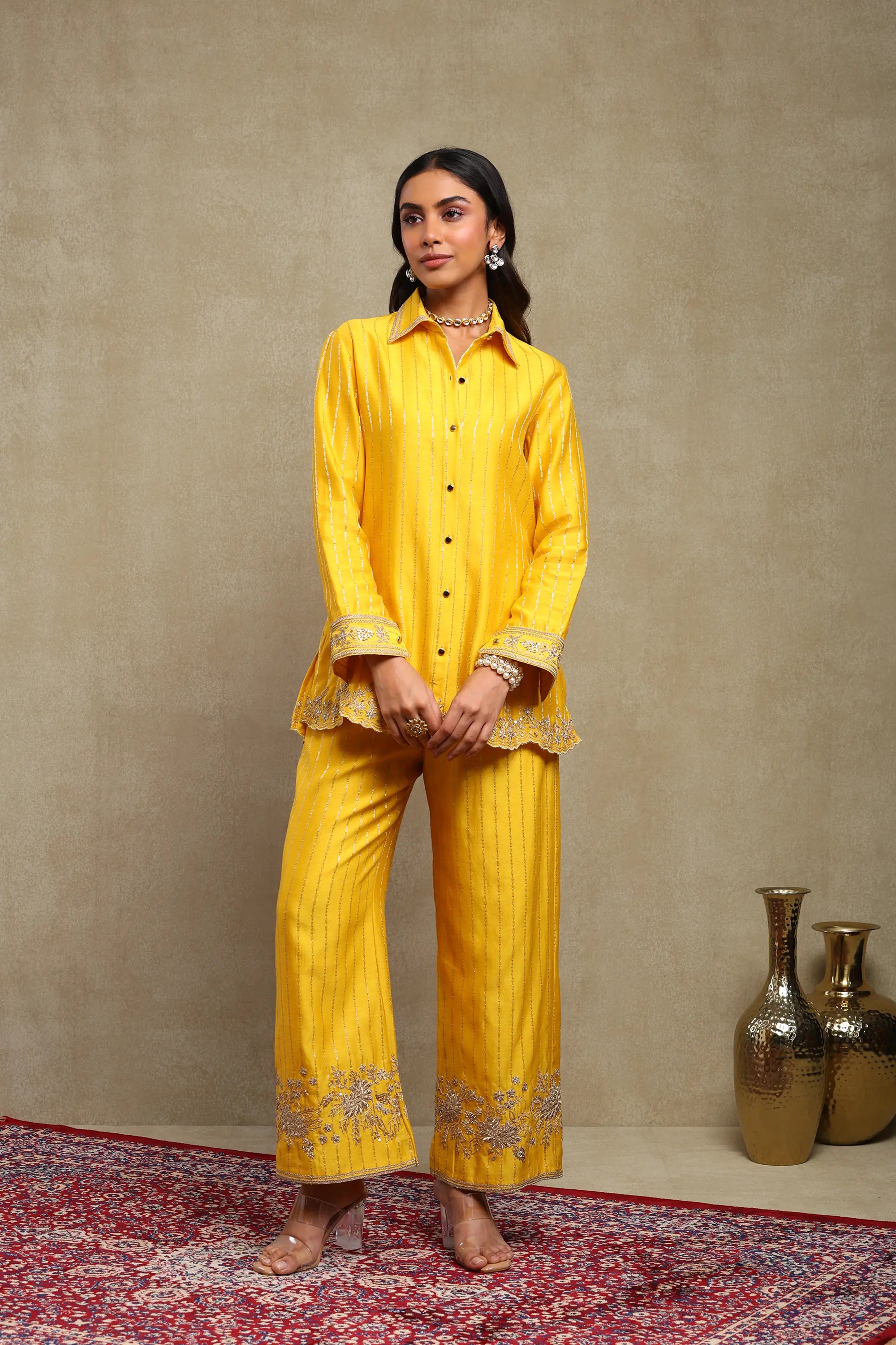 Aarvi Mango Yellow Hand Embroidered Banarasi Zari Co-Ord Set