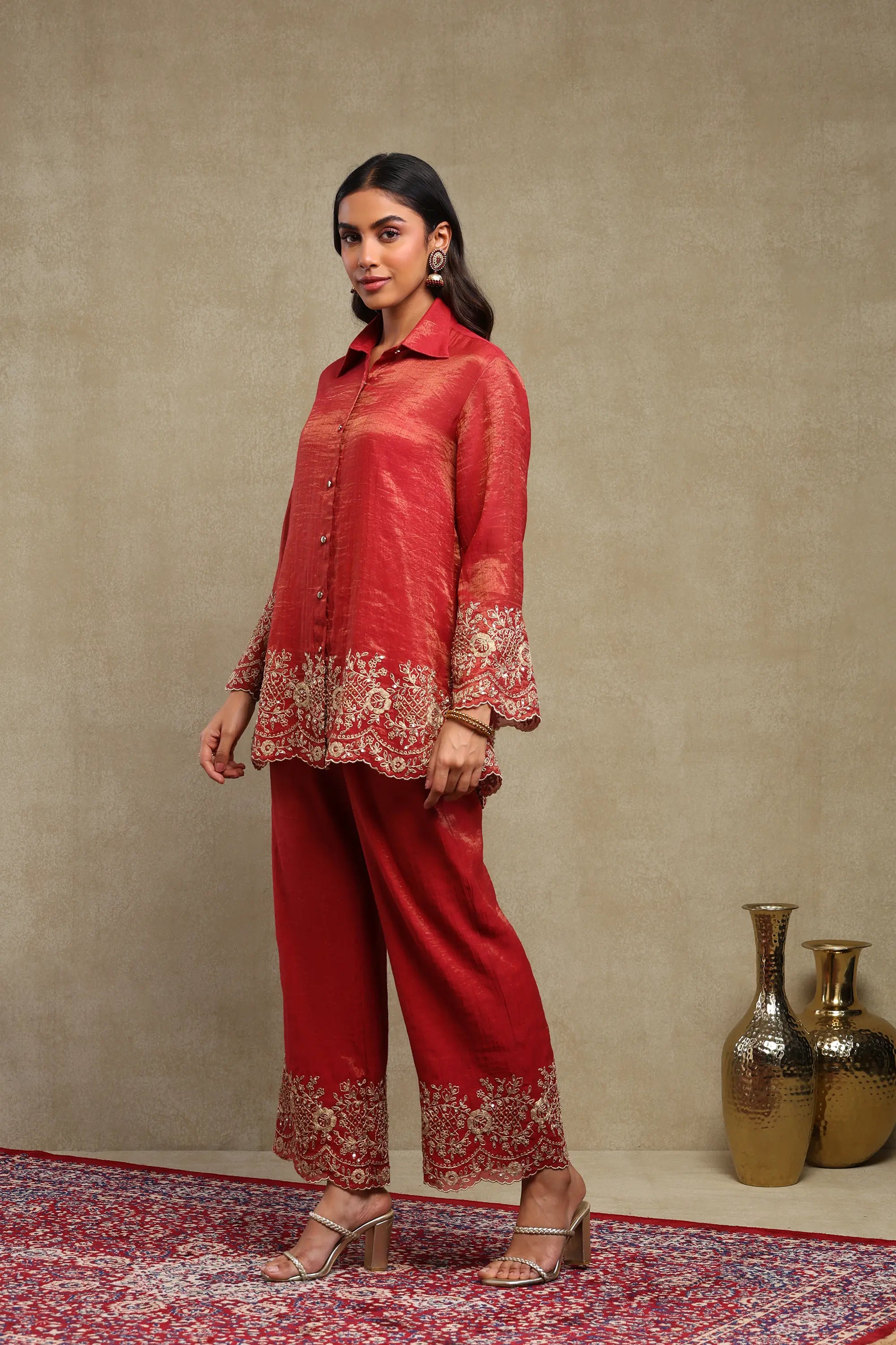 Aadya Red Hand Embroidered Tissue Chanderi Co-Ord Set