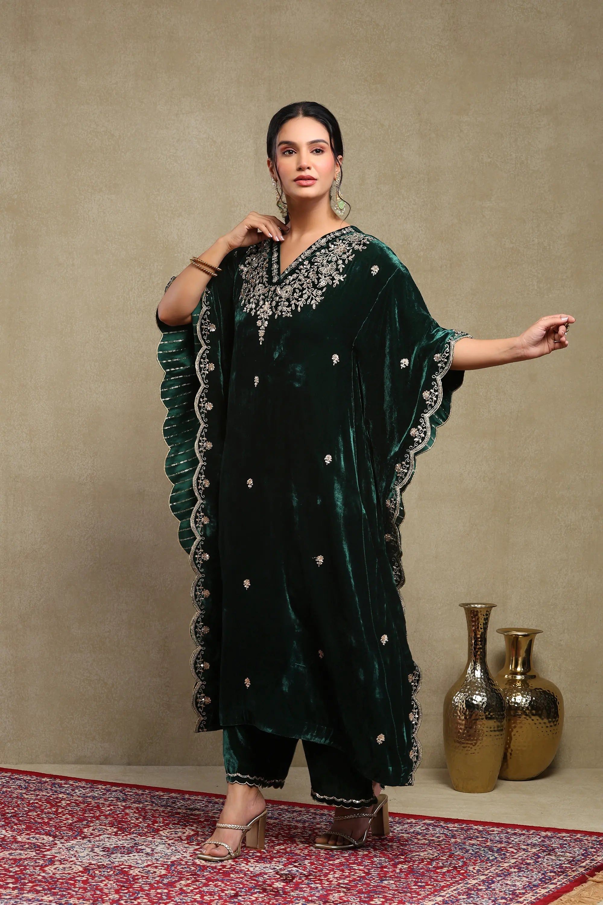 Zainab Forest Green Embroidered Silk Velvet Kaftan Set