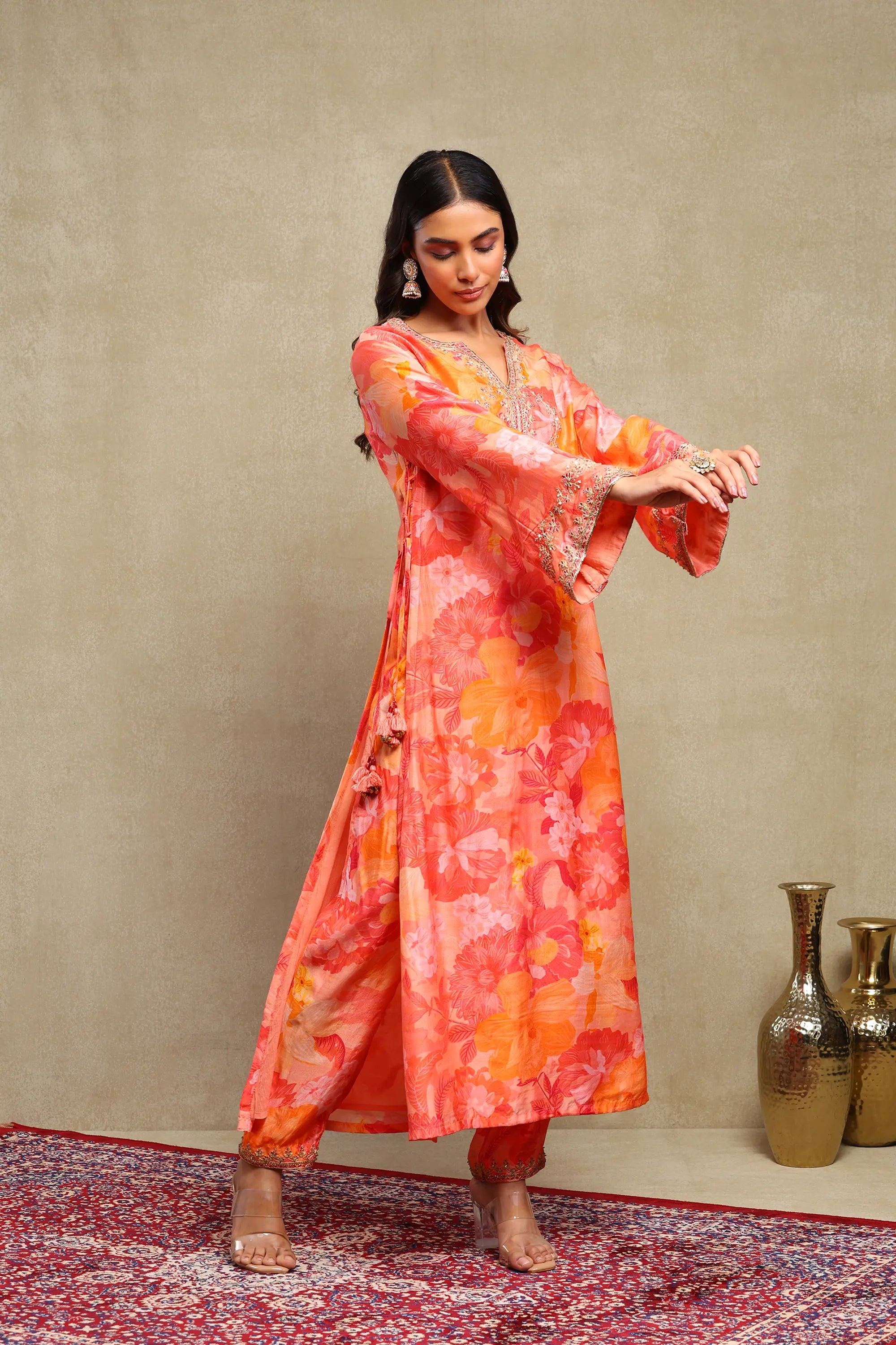 Lily Red & Orange Floral Printed Hand Embroidered Silky Modal Kaftan Set