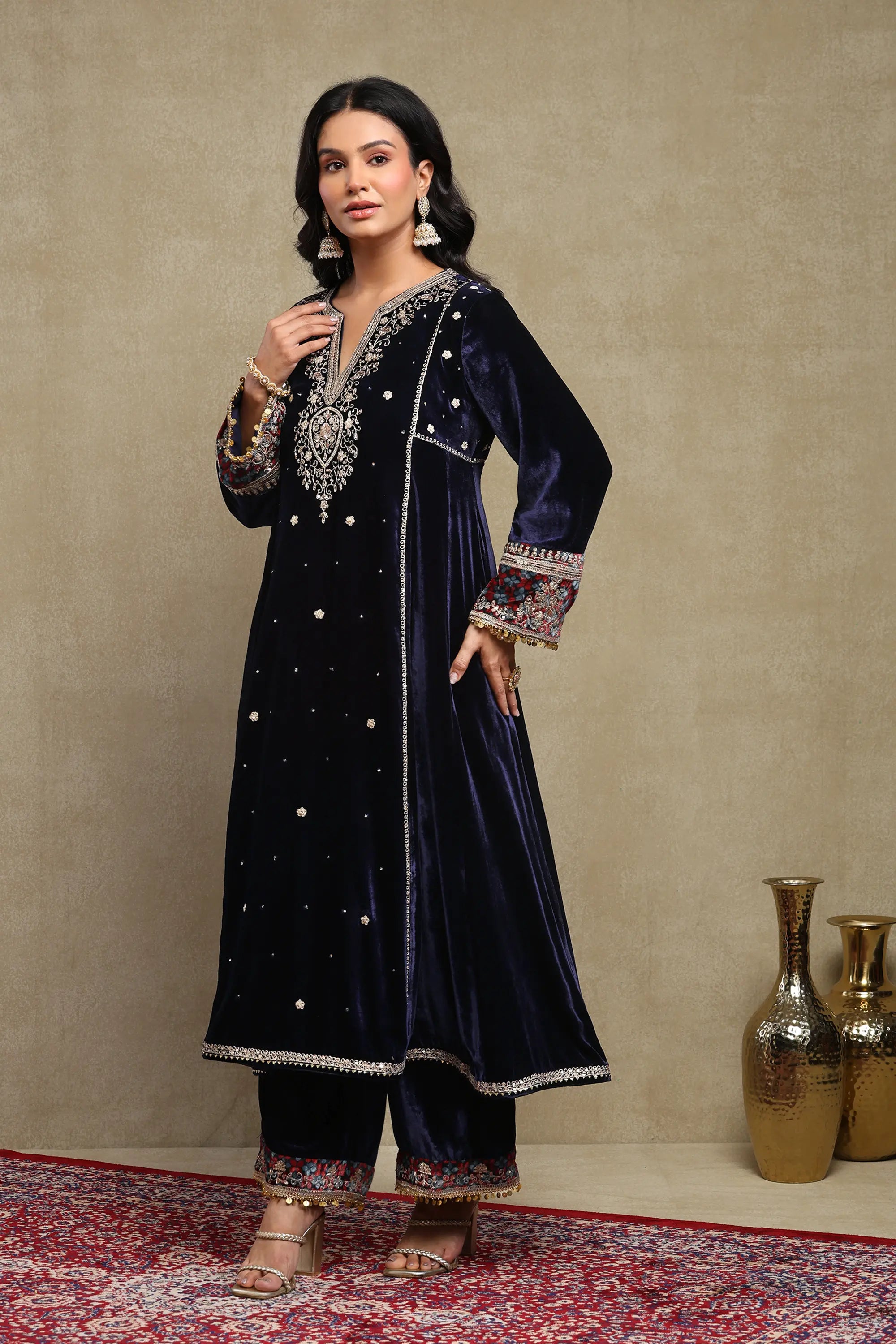 Sahira Navy Blue Embroidered Silk Velvet A-Line Kurta Set