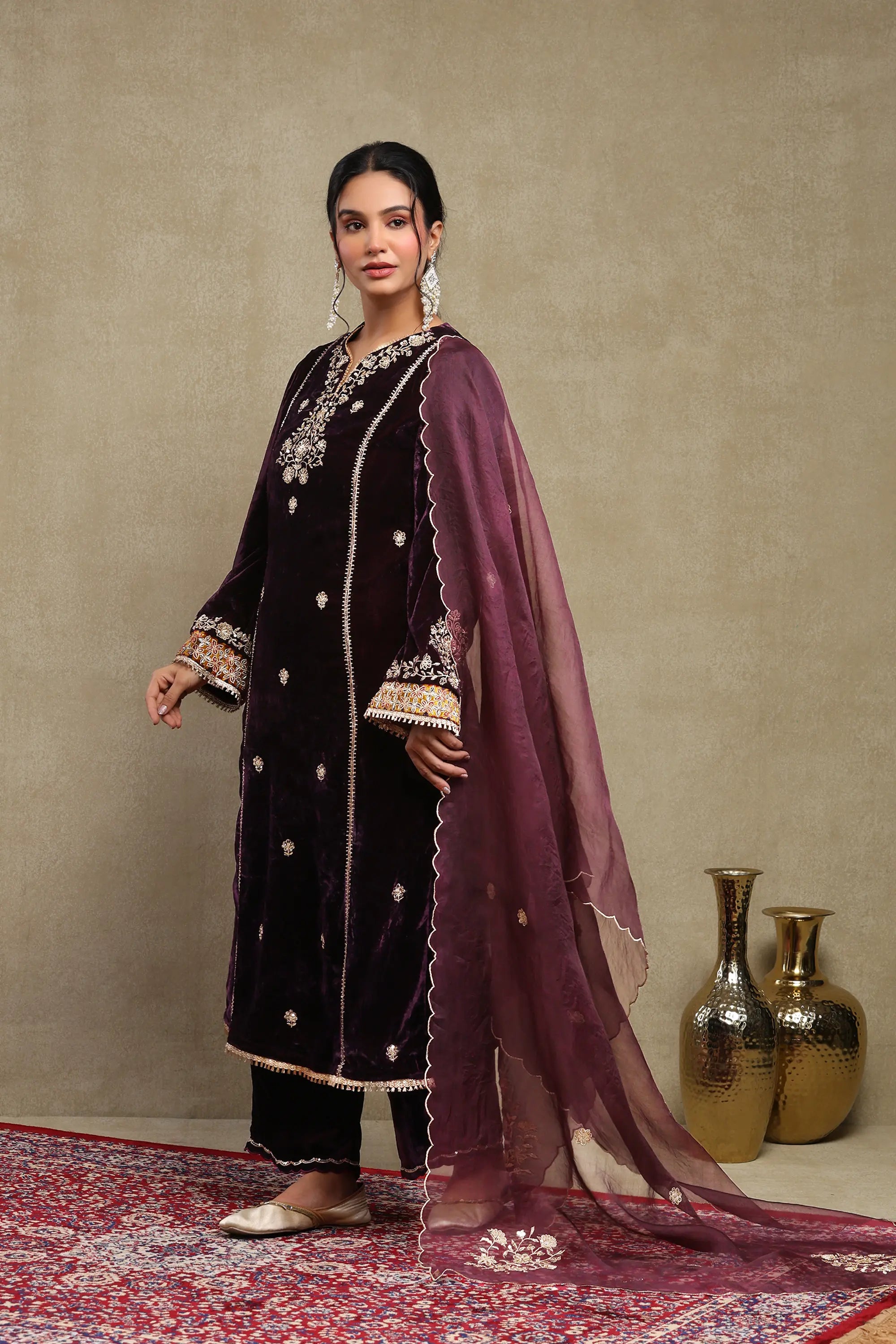 Leena Purple Embroidered Silk Velvet Handcrafted Kurta Set