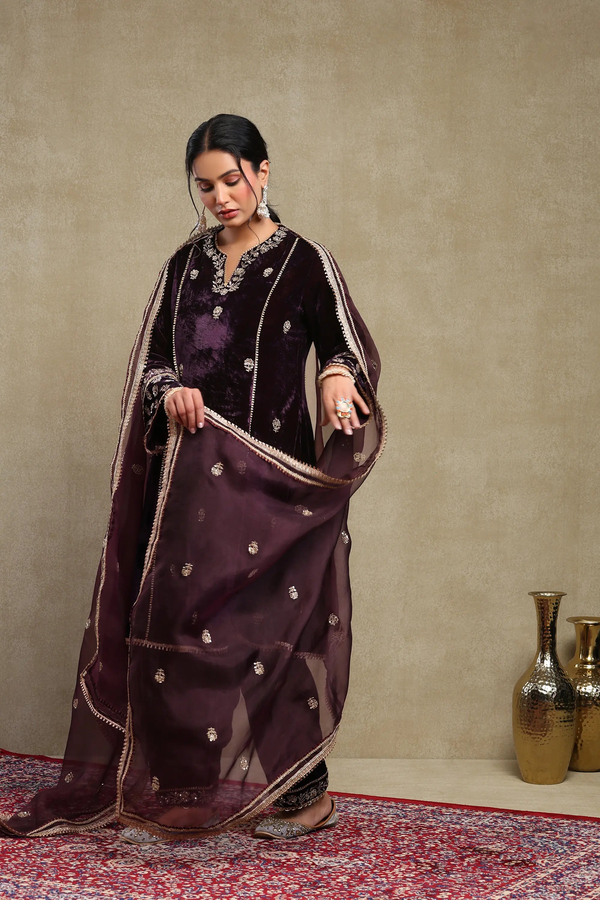 Raabta Purple Embroidered Silk Velvet Kurta Set