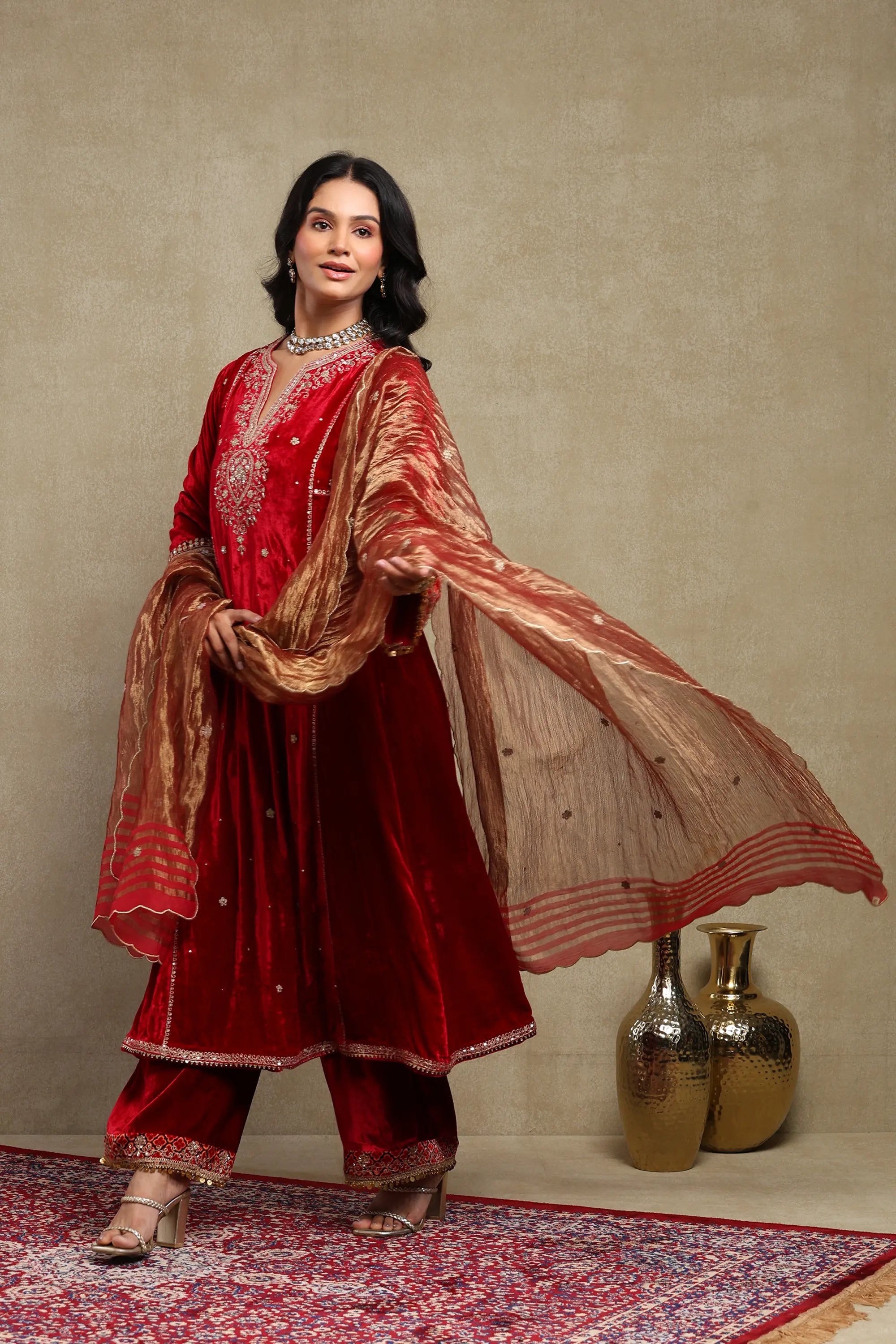 Sahira Cherry Red Embroidered Silk Velvet A-Line Kurta Set