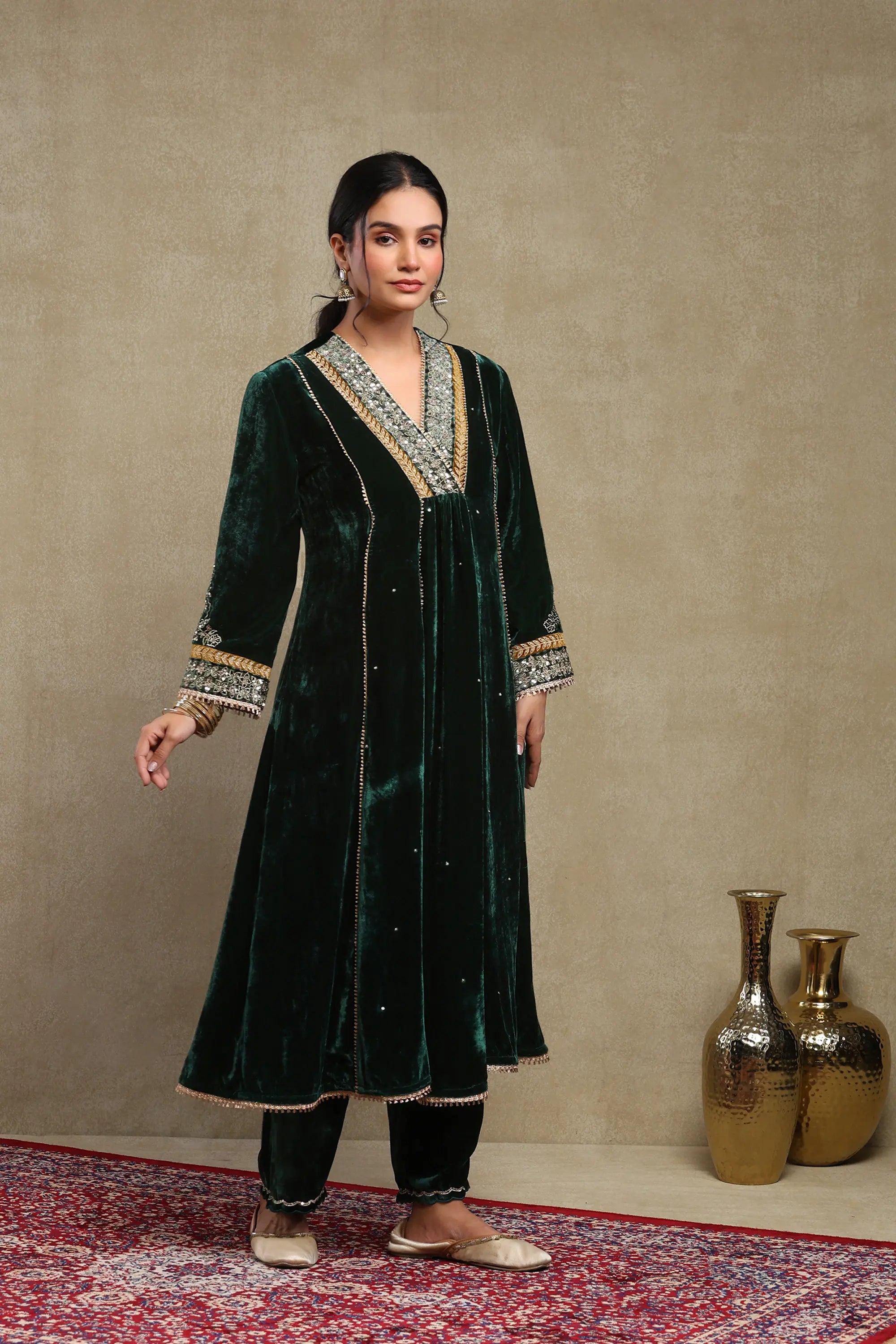 Anam Forest Green Embroidered Kurta Set