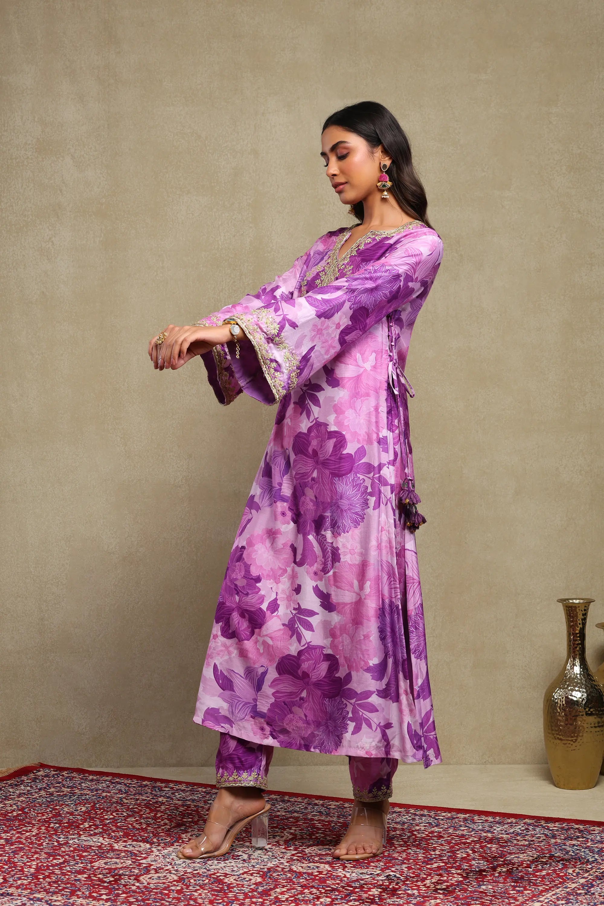 Lily Lilac Floral Printed Hand Embroidered Silky Modal Kaftan Set