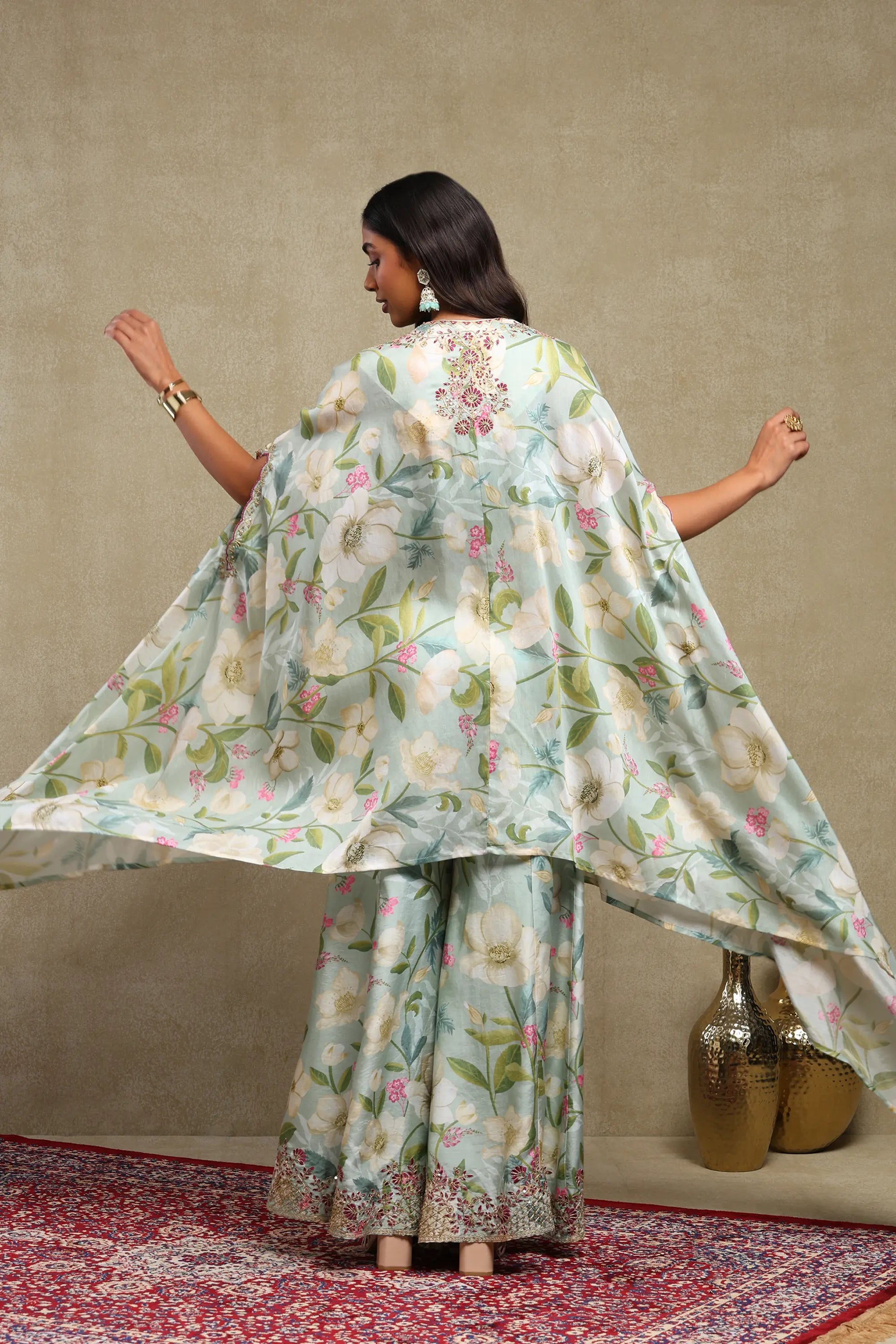 Tanisha Turquoise Floral Printed Hand Embroidered Lightweight Chanderi Kaftan Set