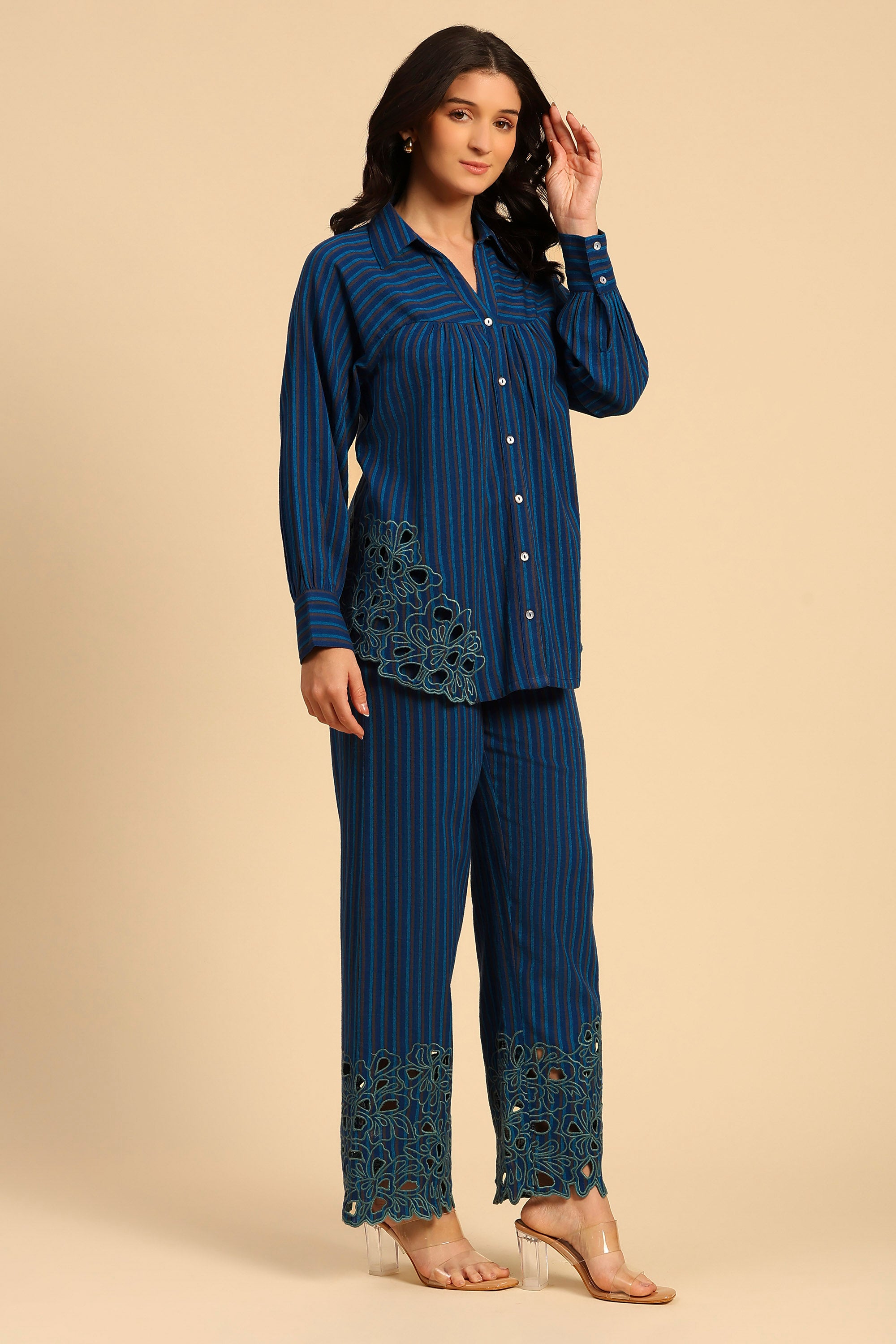 Avya Blue Embroidered Yarn Dyed Handcrafted Co-ord Set