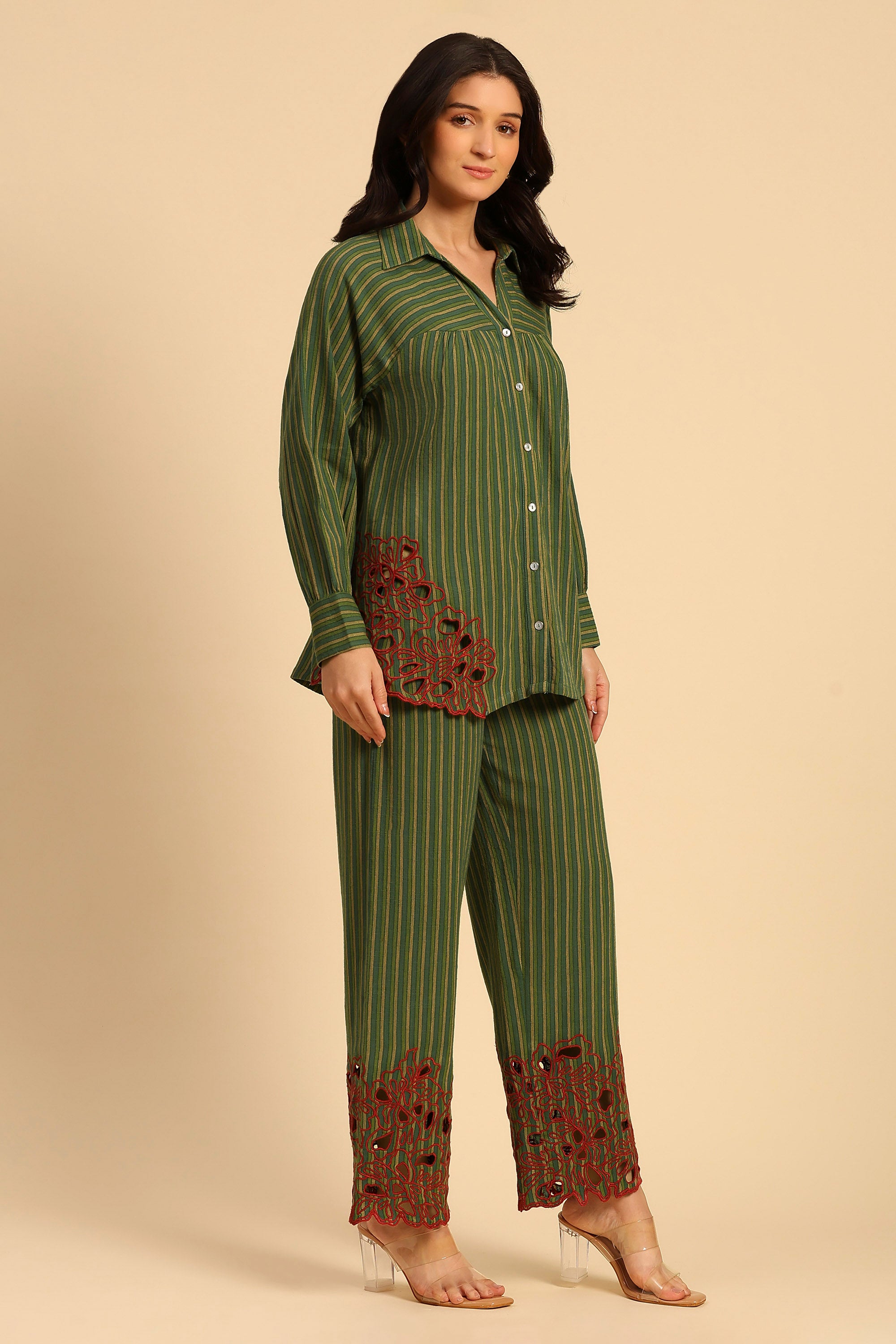 Avya Green Embroidered Yarn Dyed Handcrafted Co-ord Set: