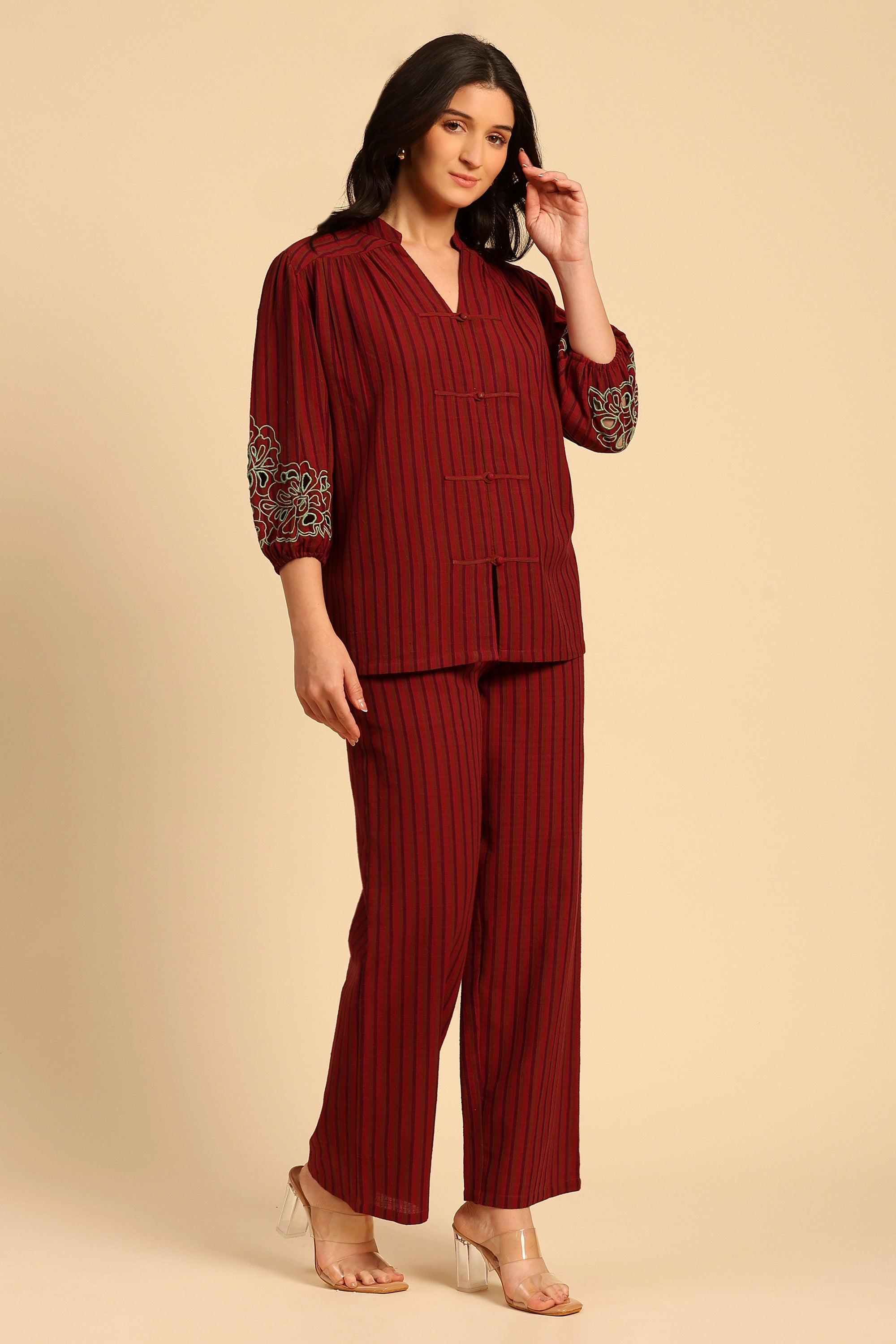 Sama Red & Purple Embroidered Yarn Dyed Handcrafted Co-ord Set