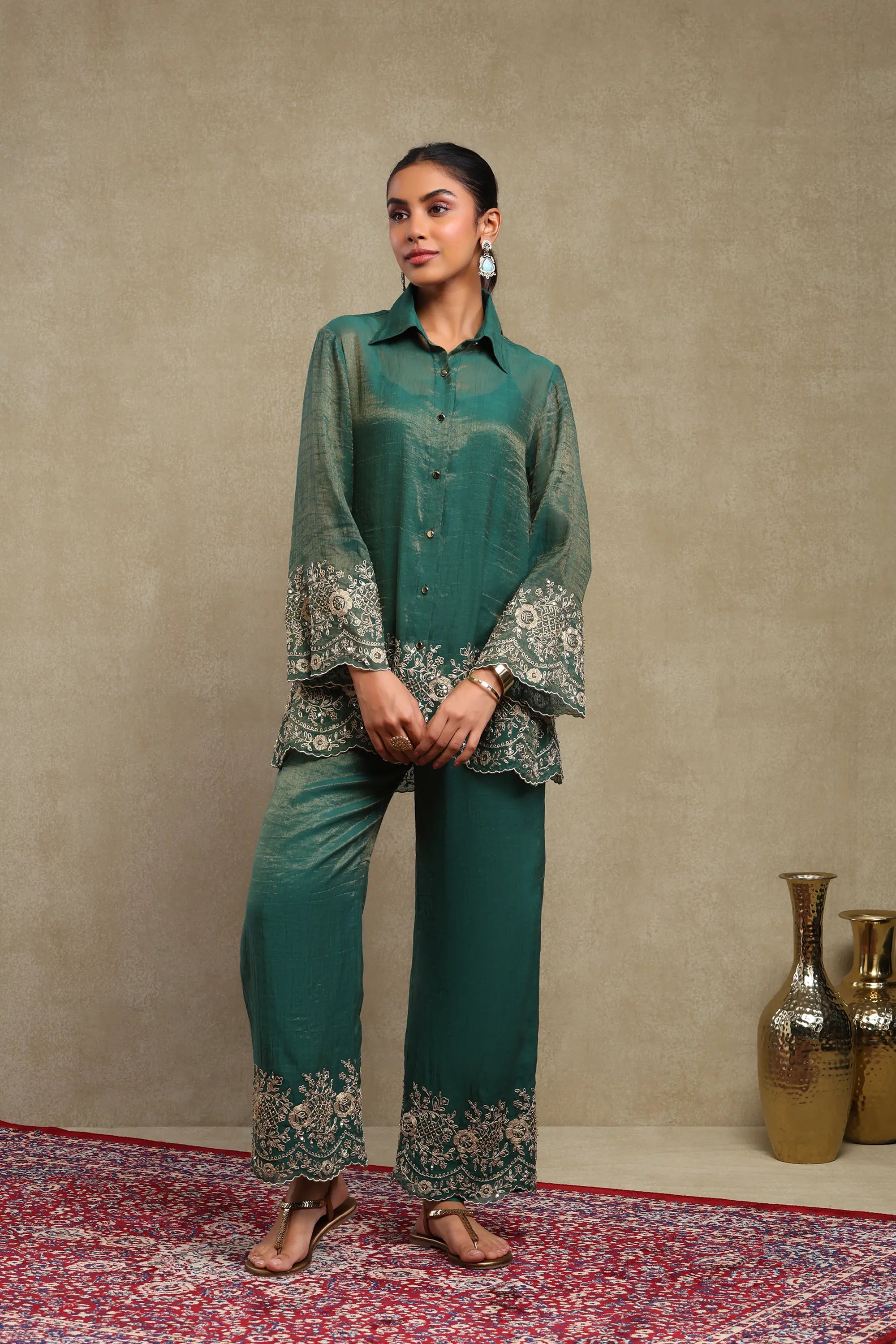 Aadya Emerald Green Hand Embroidered Tissue Chanderi Co-Ord Set