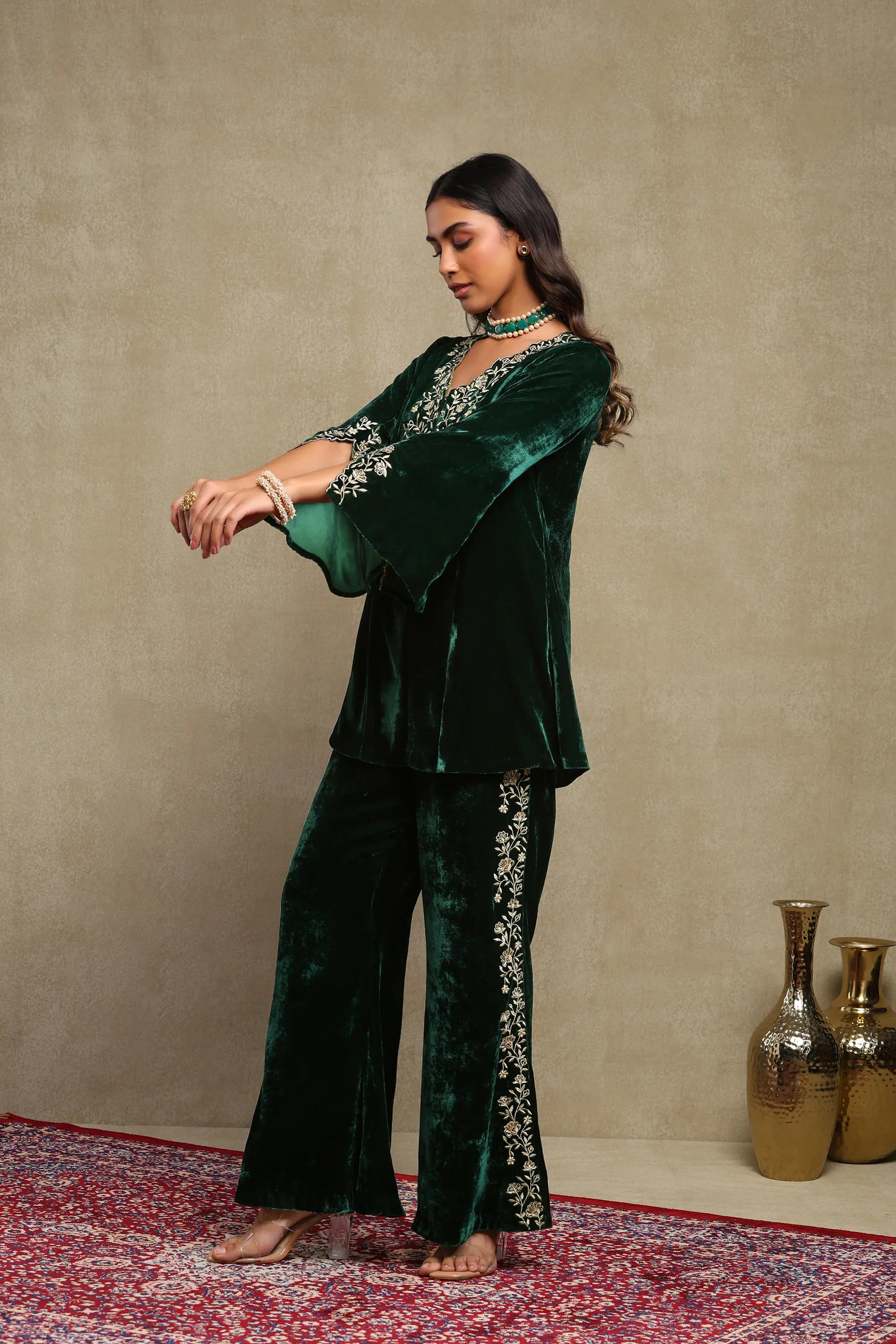 Maisha Forest Green Hand Embroidered Silk Velvet Co-Ord Set