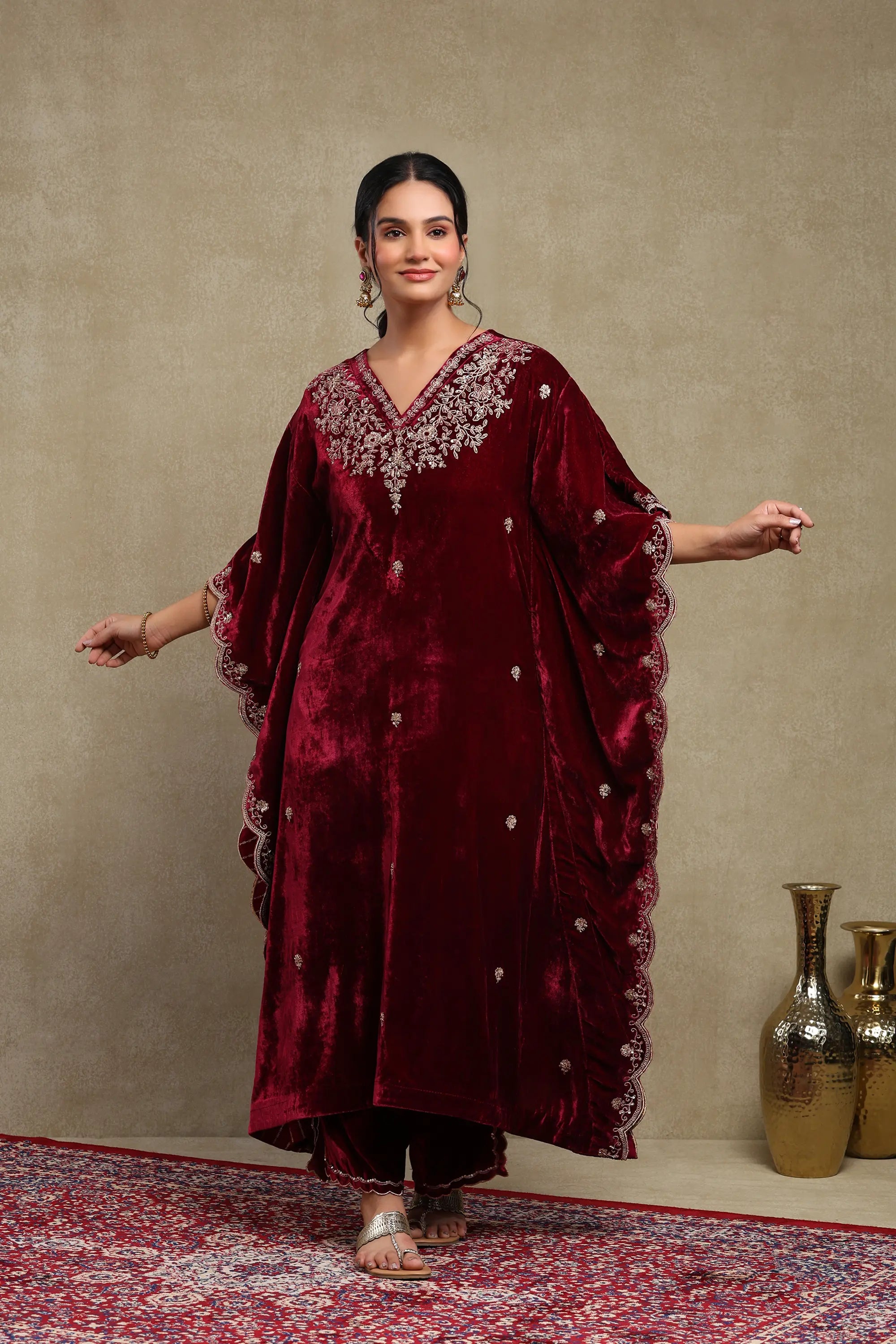 Zainab Plum Embroidered Silk Velvet Kaftan Set (READY TO SHIP)