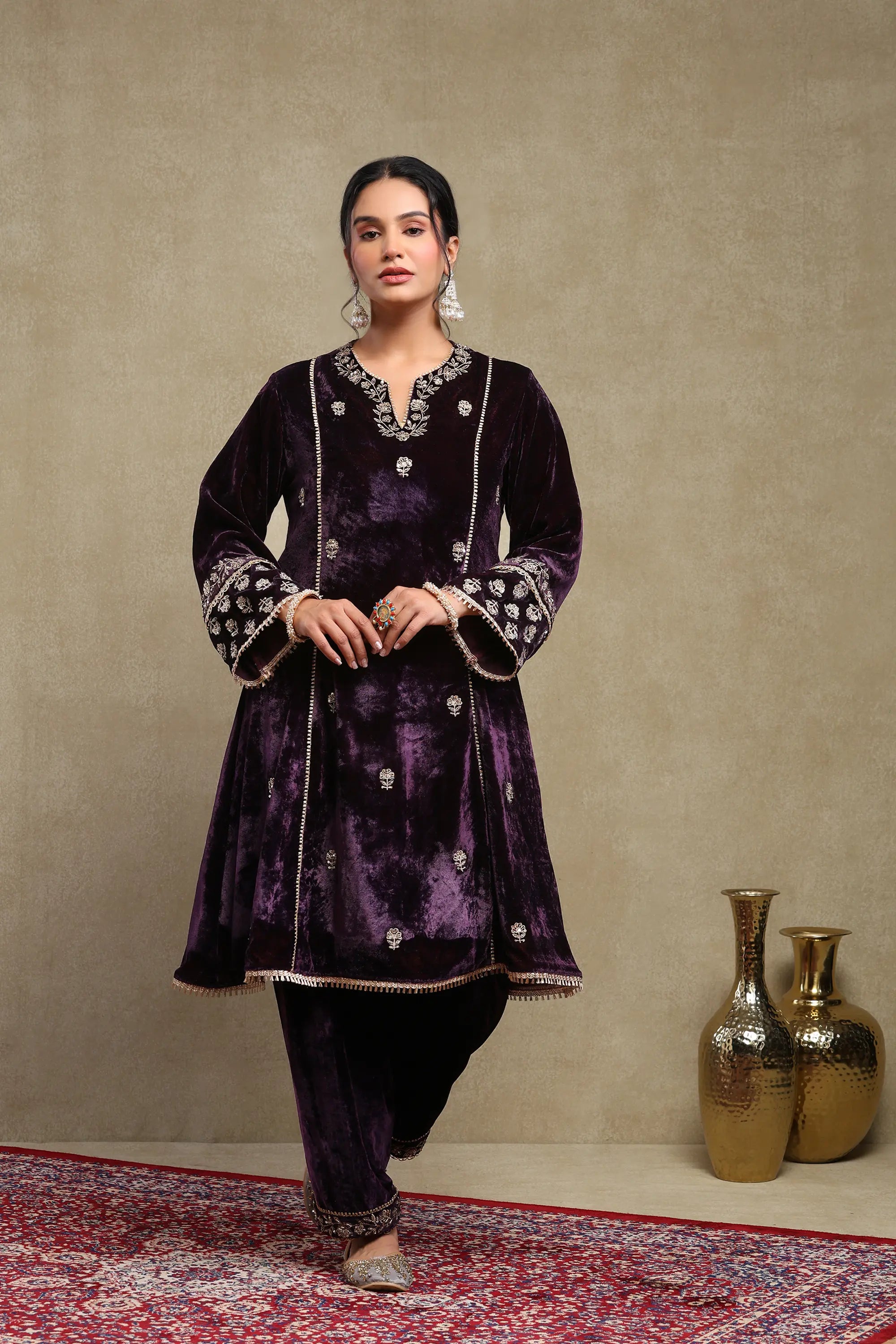 Raabta Purple Embroidered Silk Velvet Kurta Set