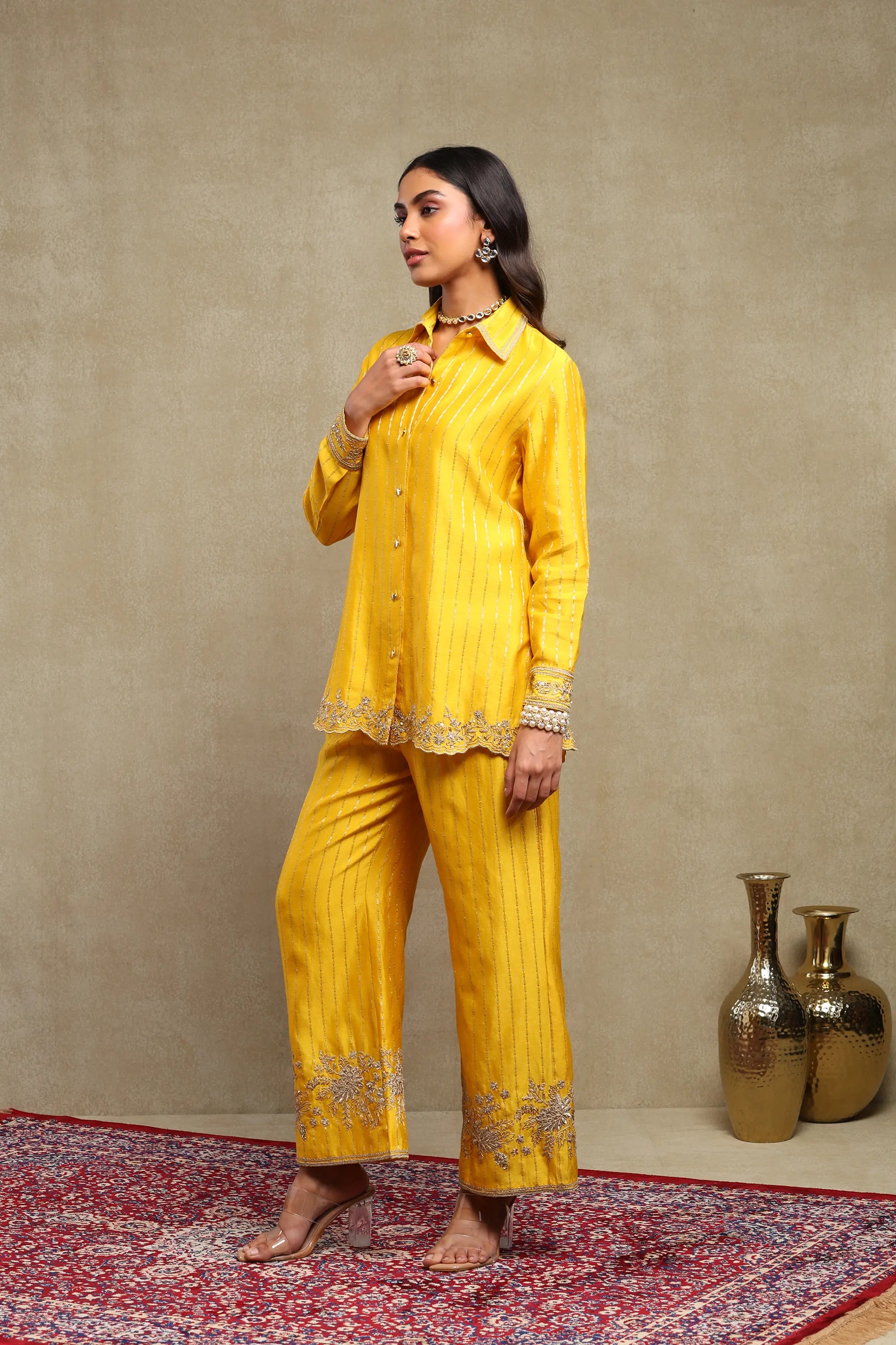 Aarvi Mango Yellow Hand Embroidered Banarasi Zari Co-Ord Set