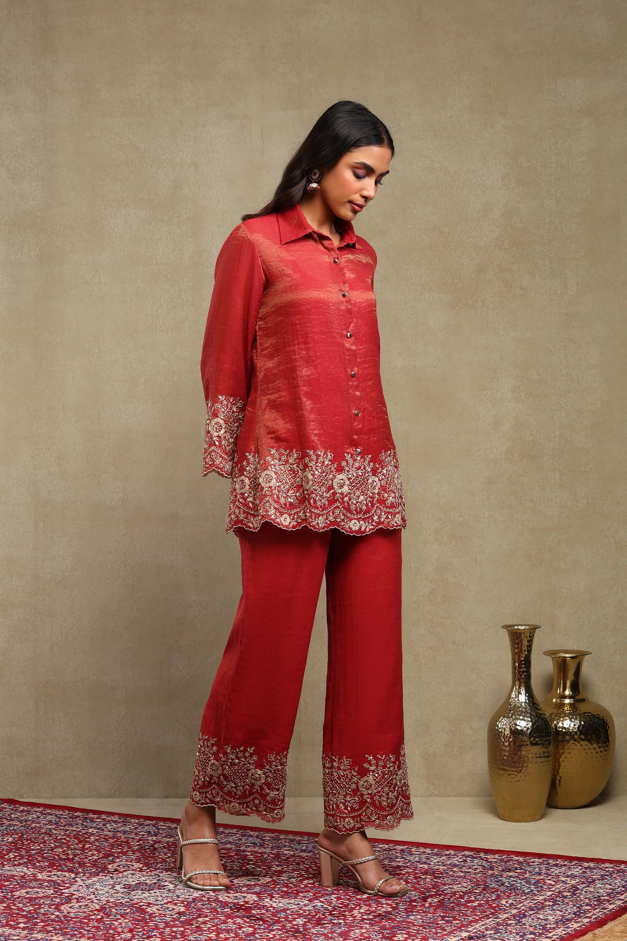 Aadya Red Hand Embroidered Tissue Chanderi Co-Ord Set