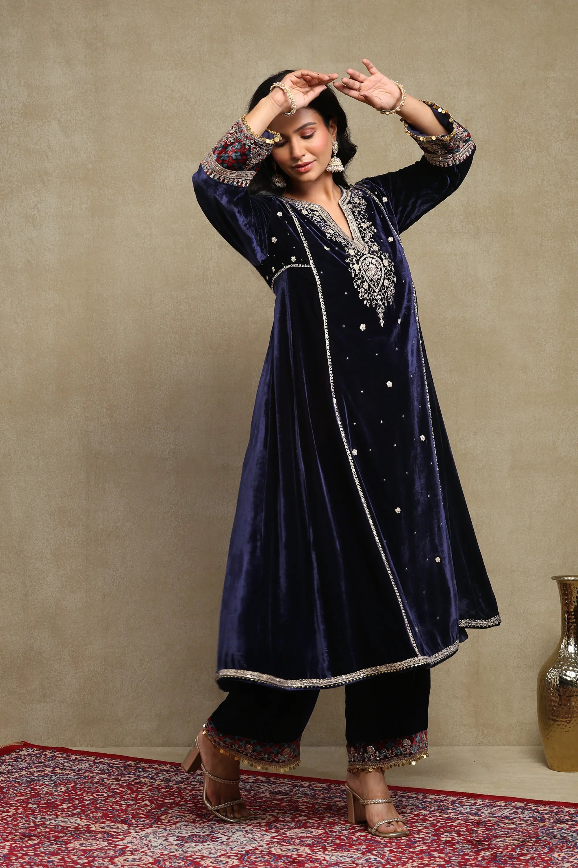 Sahira Navy Blue Embroidered Silk Velvet A-Line Kurta Set