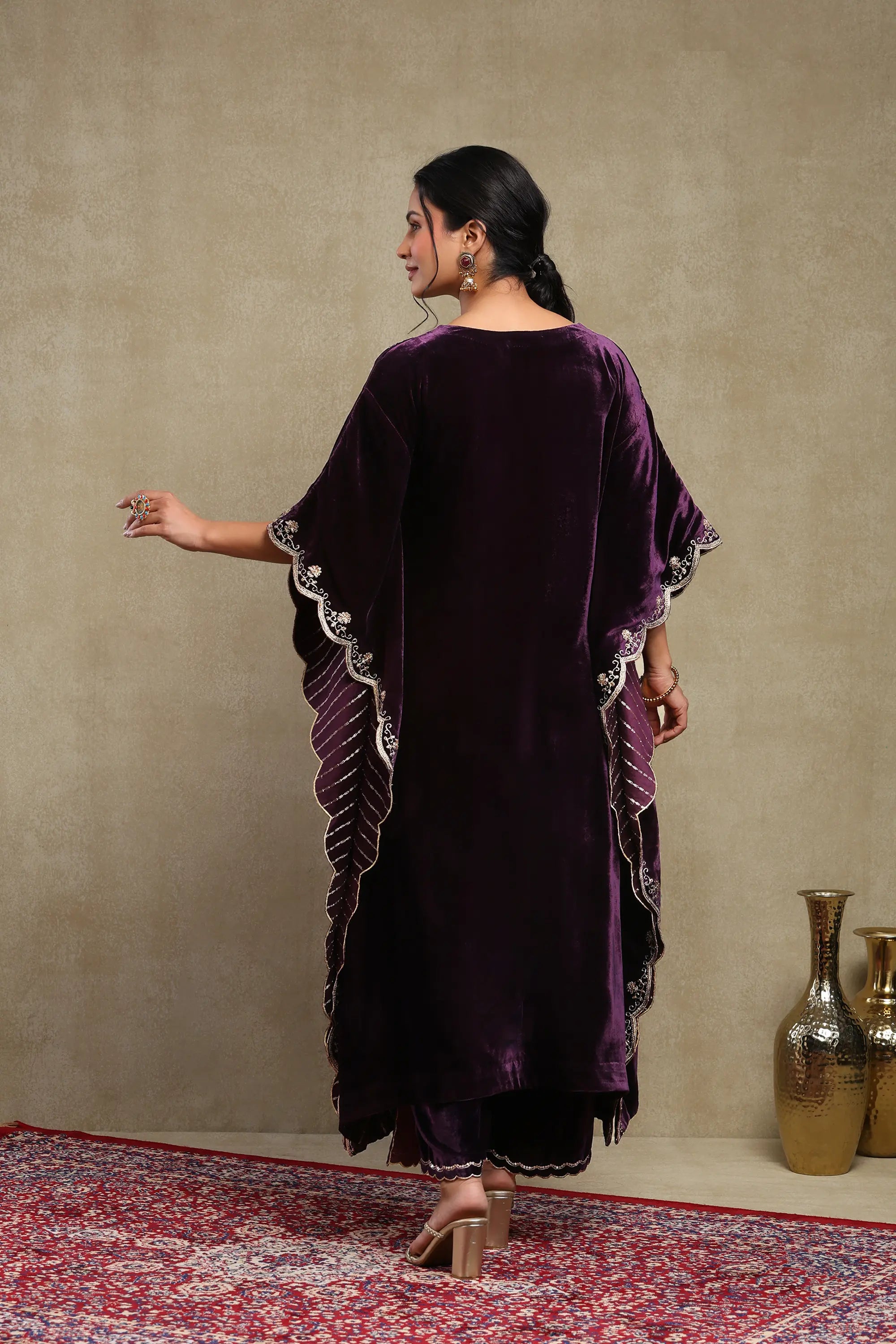 Zainab Purple Embroidered Silk Velvet Kaftan Set