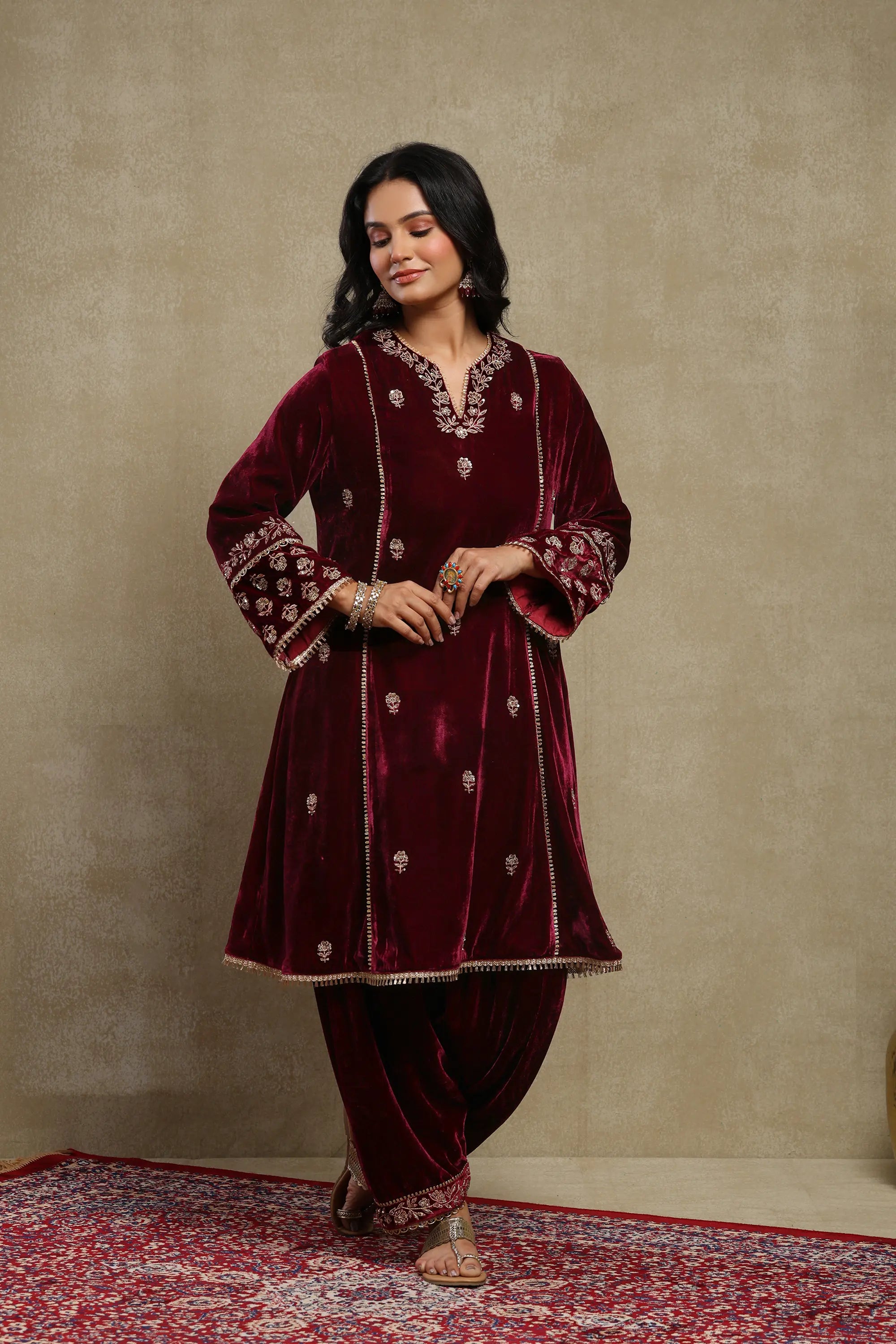Raabta Plum Embroidered Silk Velvet Kurta Set