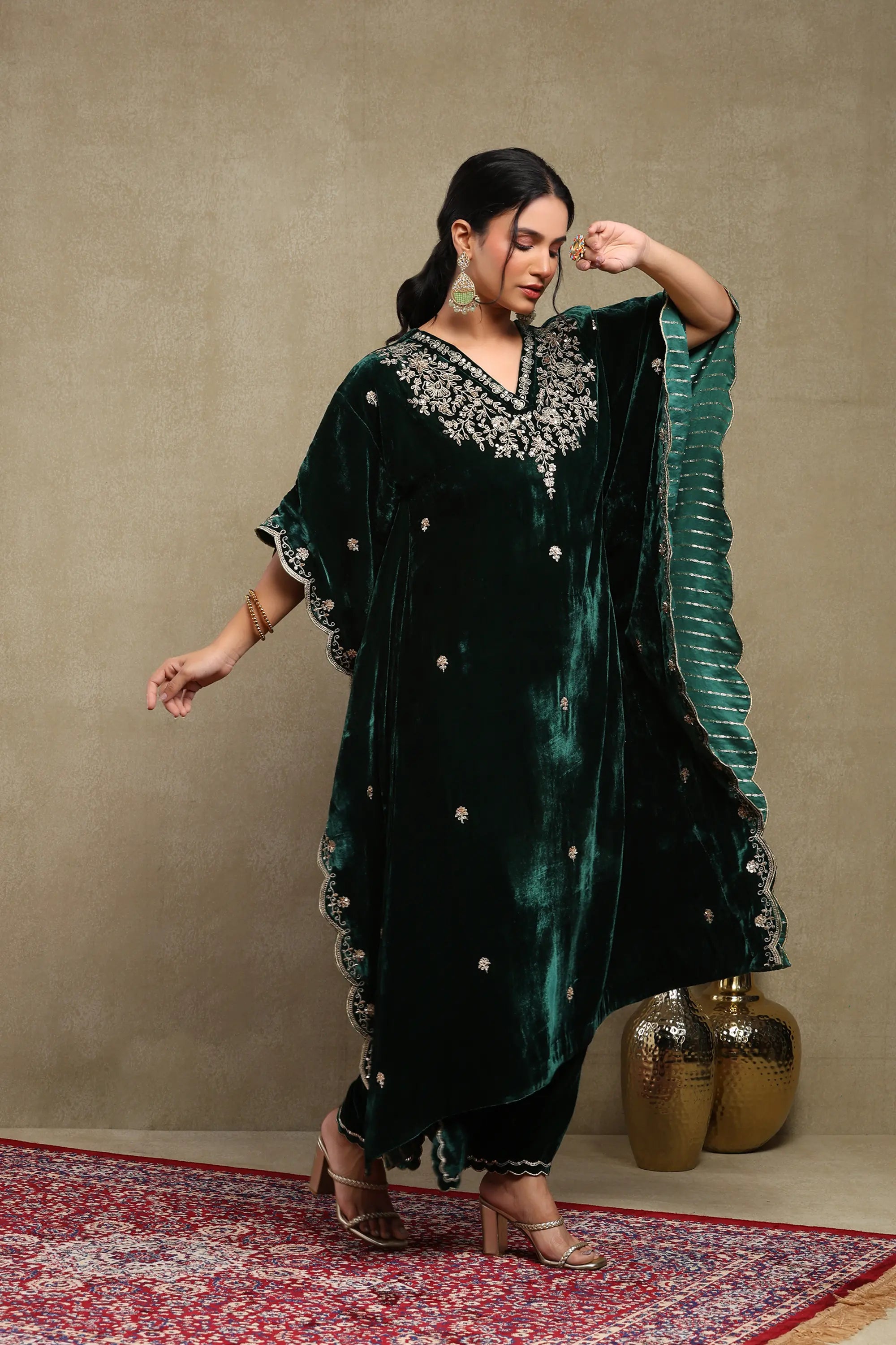 Zainab Forest Green Embroidered Silk Velvet Kaftan Set