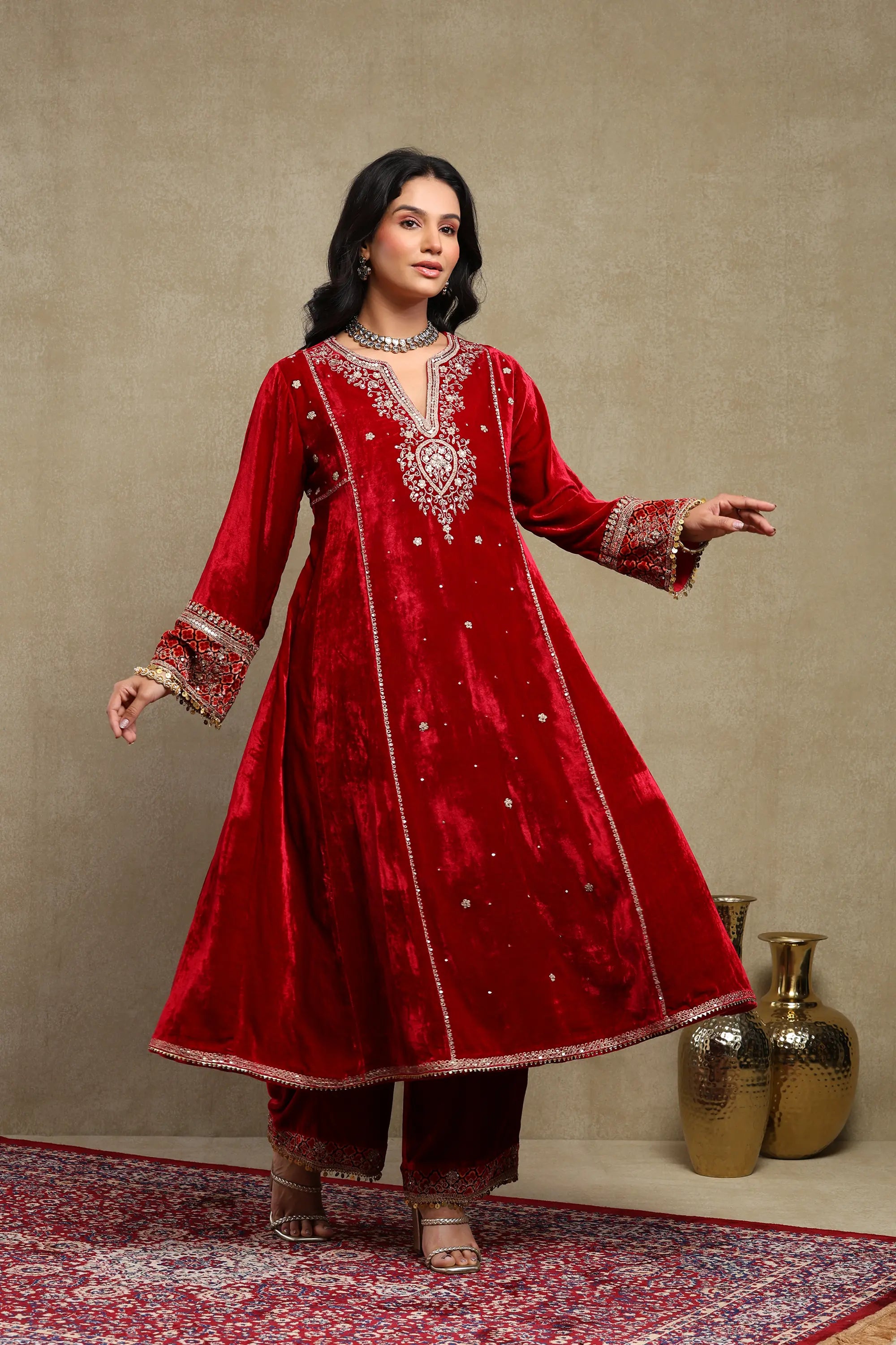 Sahira Cherry Red Embroidered Silk Velvet A-Line Kurta Set
