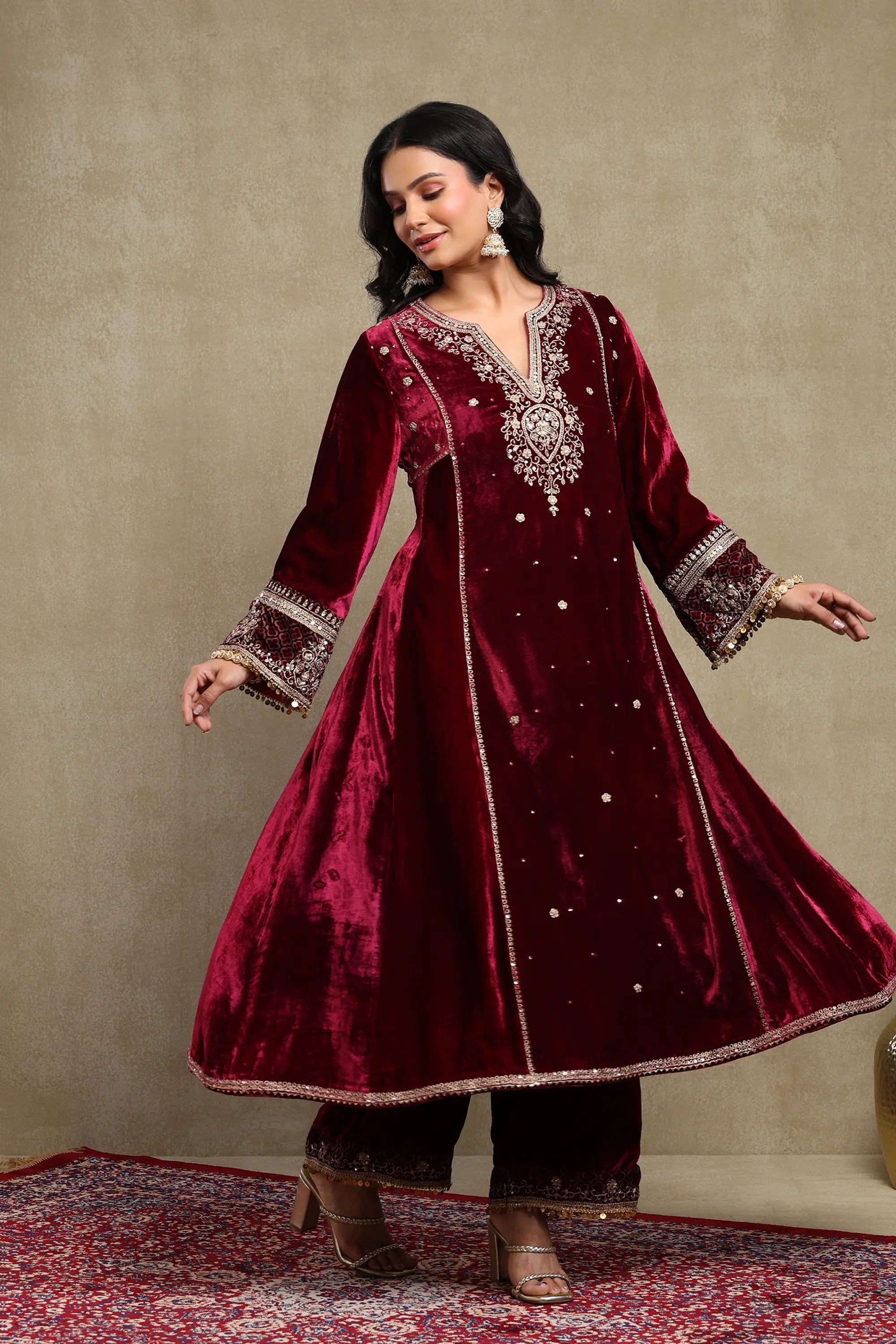 Sahira Plum Embroidered Silk Velvet A-Line Kurta Set